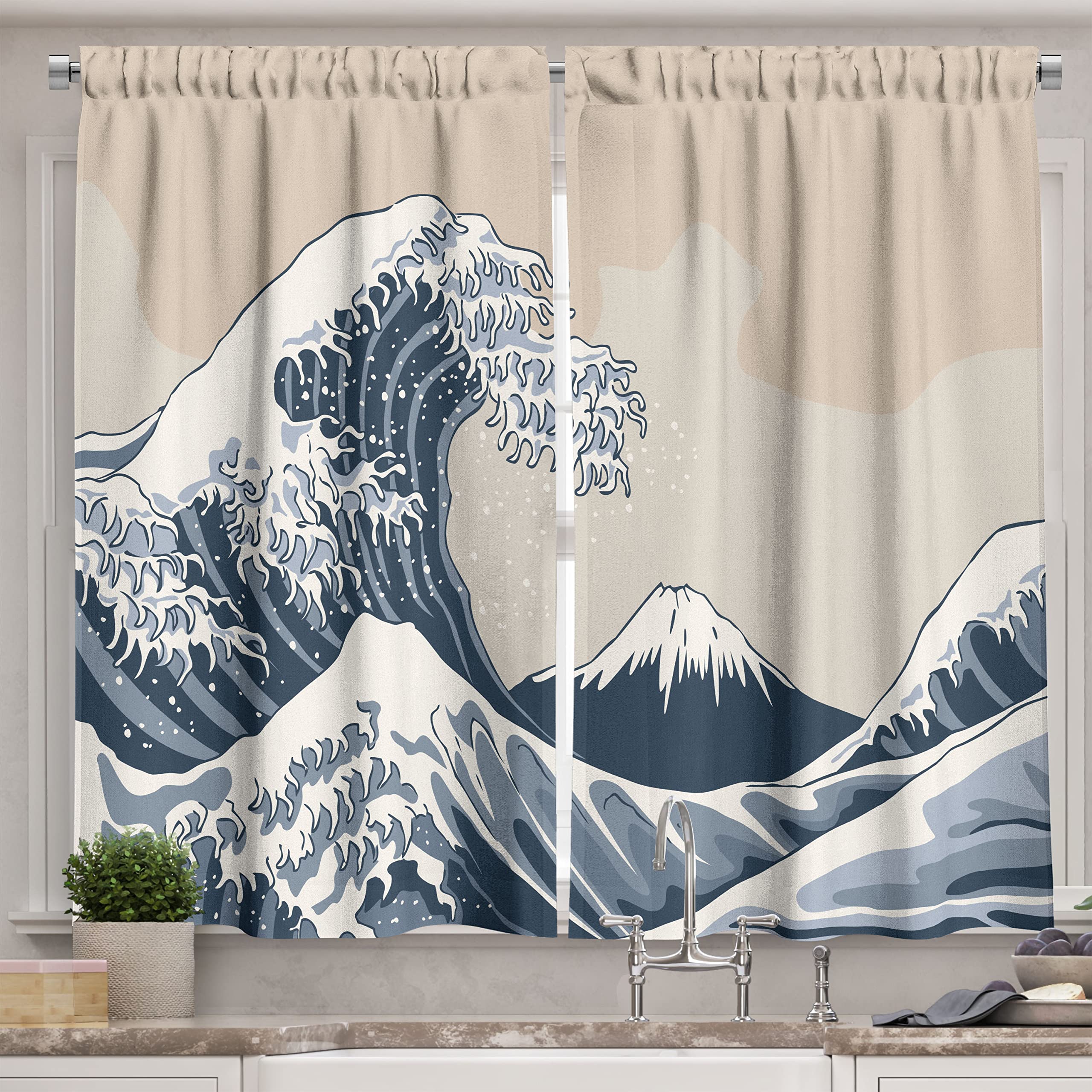 Lunarable Japanese Wave Kitchen Curtains - Hand Drawn Oriental Style Window Drapes, 2 Panel Set for Kitchen & Cafe Decor, 55