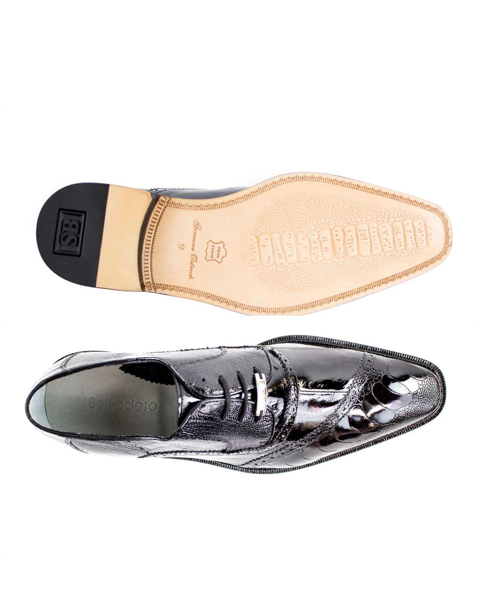 Belvedere Nino Genuine Ostrich Leg & Eel Leather Dress Shoes for Men - Black (0B4) | Luxury Formal Business Attire & Special Occasion Footwear