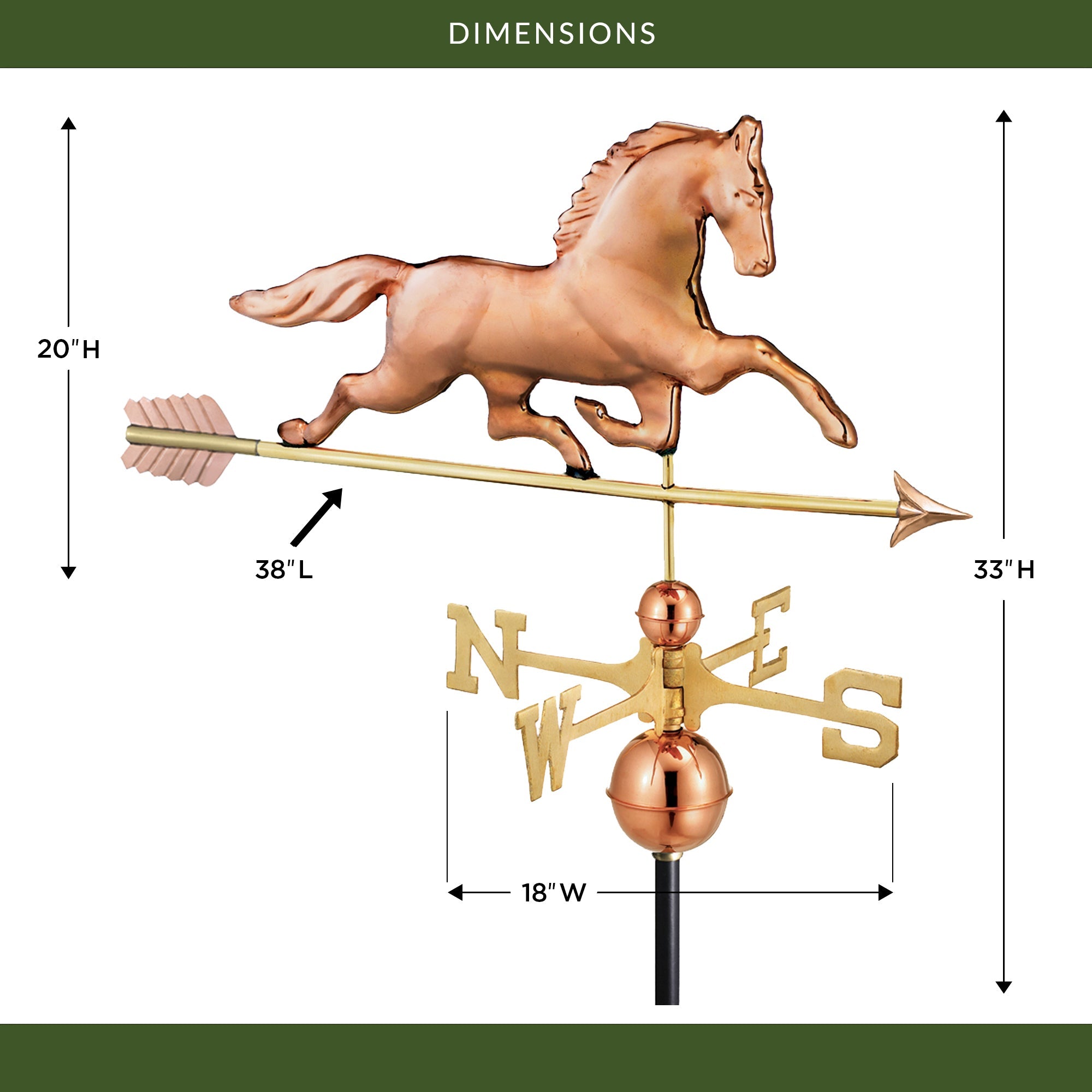 Patchen Horse Weathervane with Arrow - Decorative Copper Garden Ornament for Outdoor Farmhouse & Countryside Decor | Perfect for Barns, Gardens & Rooftops