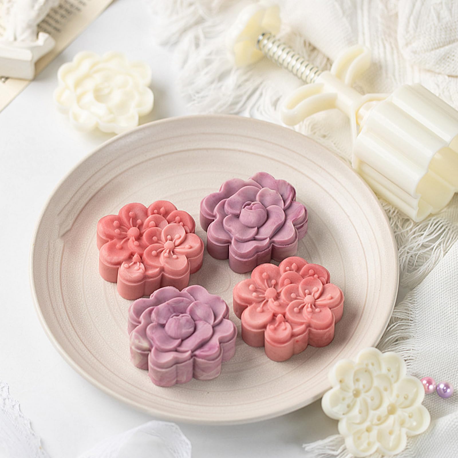 Mooncake Press Mold DIY Kit - 4 Plum Blossom Stamps for Handmade Mooncakes, Traditional Chinese Pastry Maker Tool for Mid-Autumn Festival Baking (Perfect for Home Baking, Gifts & Cultural Celebrations)