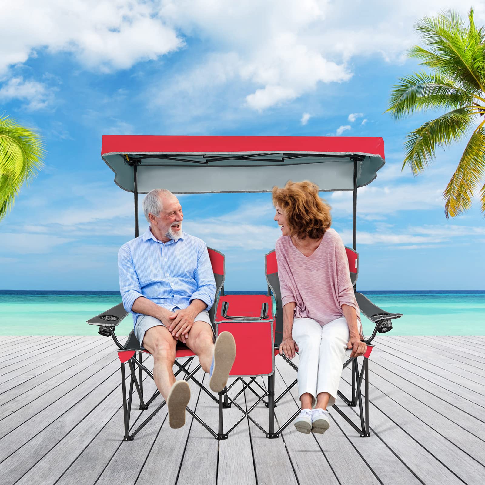 SAFSTAR 2-Person Folding Camping Chair with Shade Canopy - Portable Beach Chair with Cup Holder, Mini Table & Carrying Bag - Compact Outdoor Chairs for Camping, Backyard, Patio, Pool & Beach Picnics - Red