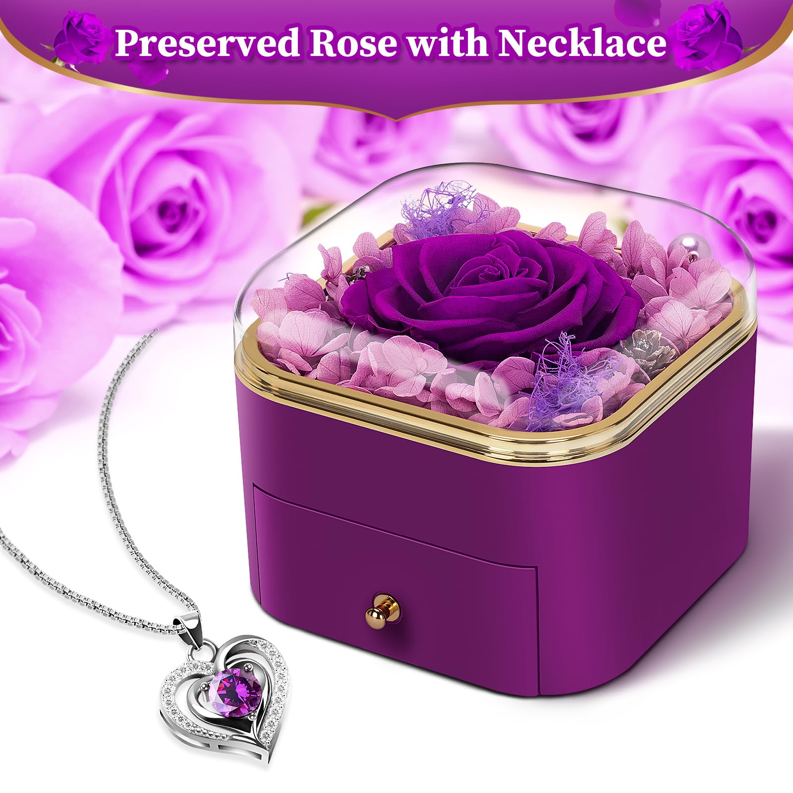 Real Preserved Rose with Heart Necklace - Romantic Eternal Flower Gift for Women, Girlfriend, Wife, Mom, Grandma - Birthday, Anniversary, Christmas Present - Perfect for Special Occasions & Keepsakes (Purple)