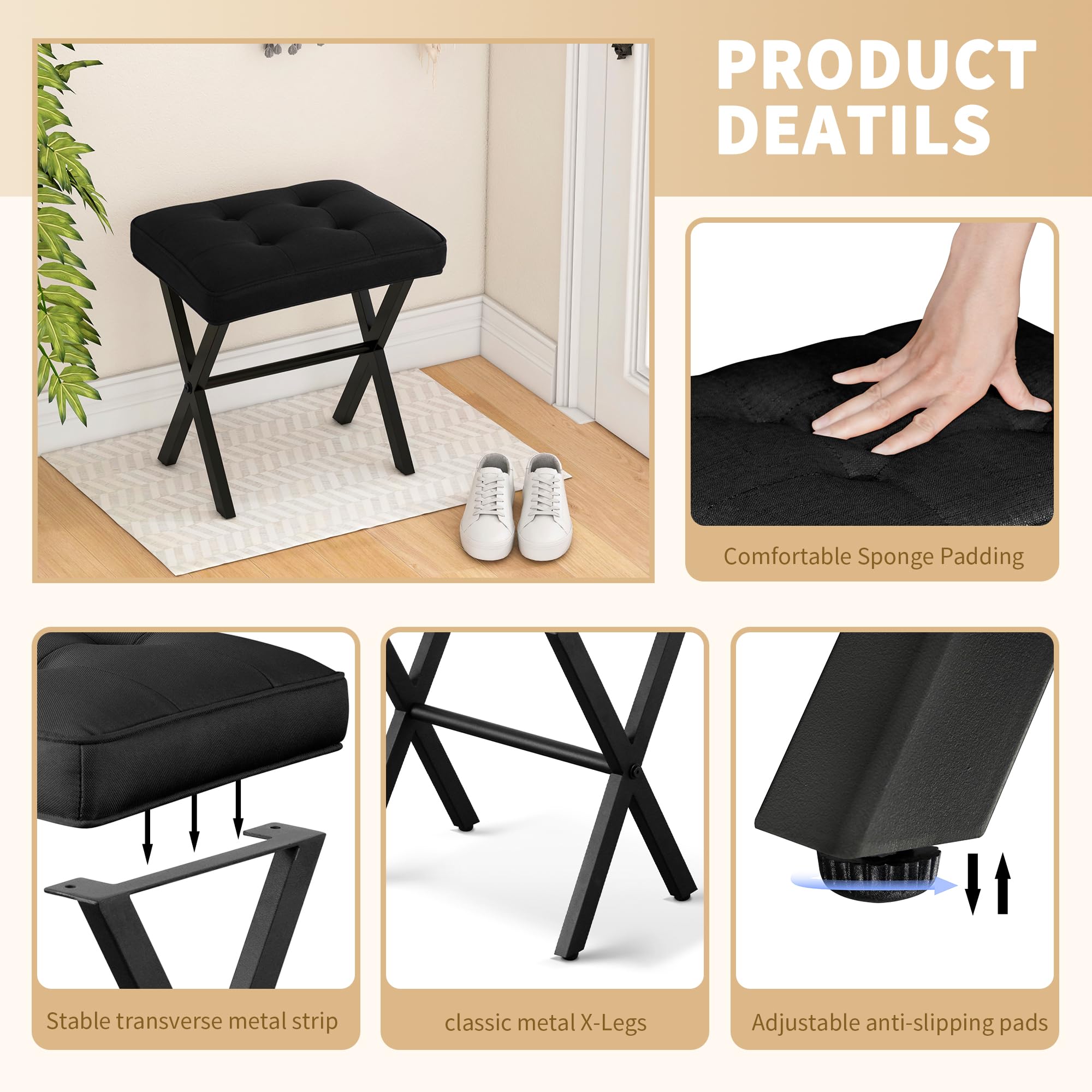 Vanity Stool with Upholstered Seat & Metal X-Legs - Makeup Stool Ottoman Chair for Dressing Room, Bedroom, Bathroom & Living Room - Comfortable Padded Footrest Seat for Entryway & Home Decor (Black)
