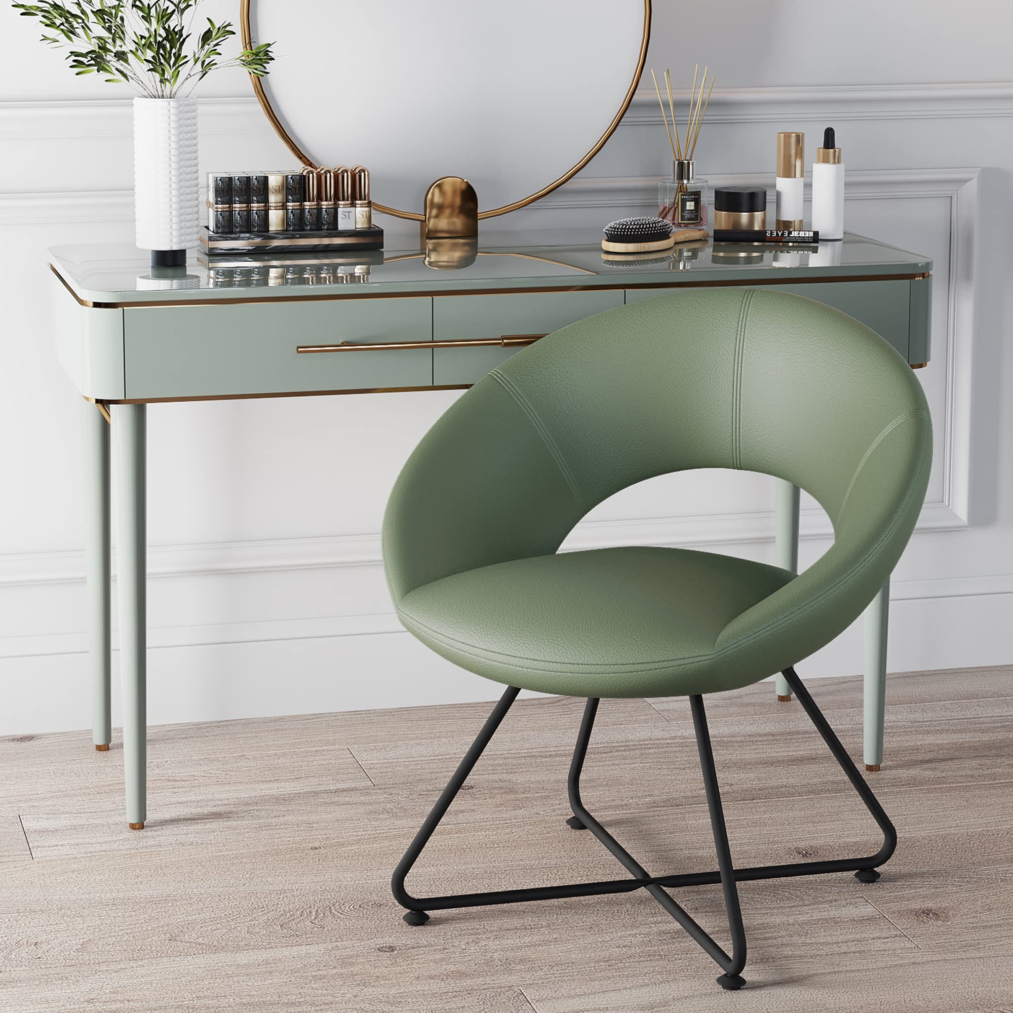 Modern Swivel Accent Chair Set of 2 - Upholstered Faux Leather Saucer Chairs with Golden Metal Legs for Living Room, Makeup Vanity or Home Office - Green Comfortable Lounge Seating for Relaxing & Leisure Activities