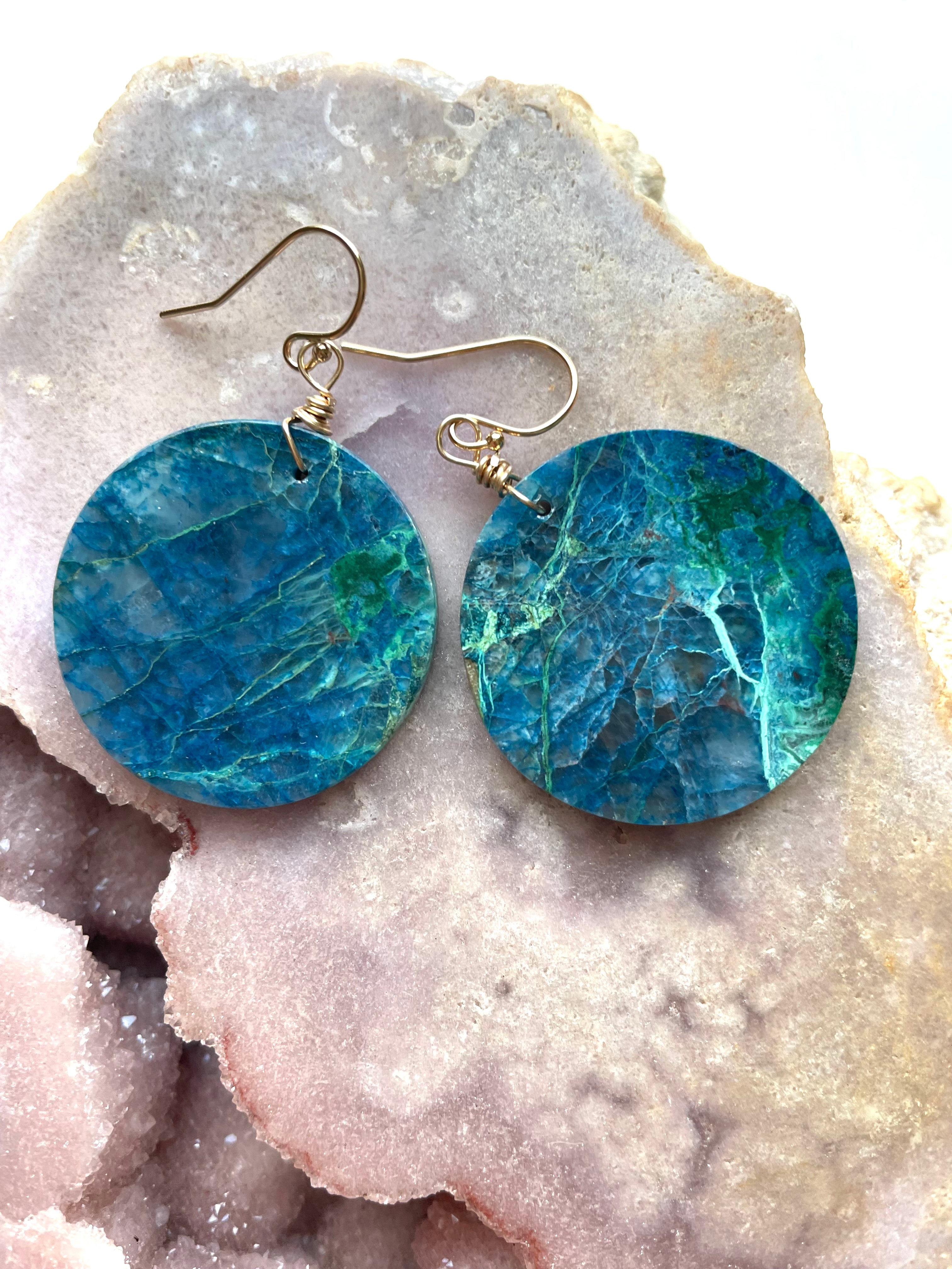 Chrysocolla Gold Filled Statement Crystal Gemstone Earrings for Women | Elegant Dangle Drop Earrings for Party, Wedding & Special Occasions