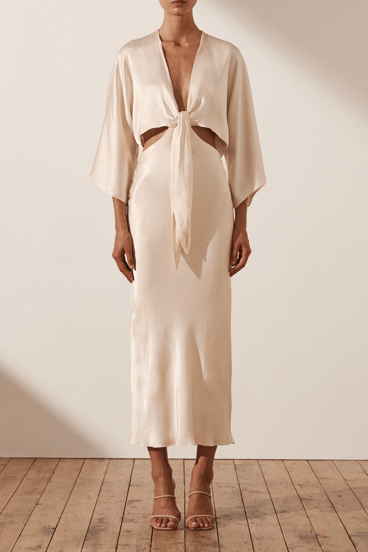 LA LUNE Tie Front Bias Cut Midi Dress in Cream - Elegant Summer Wedding Guest Dress & Casual Brunch Outfit