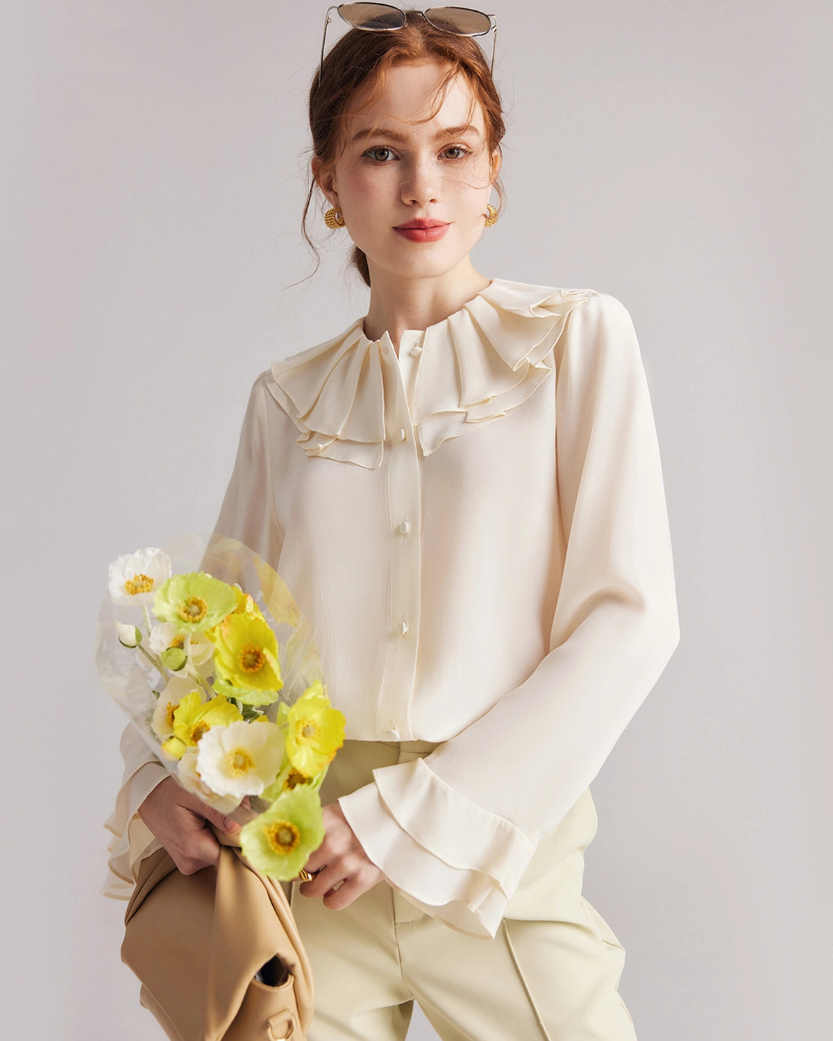 Elegant Ruffle Neck Flare Silk Blouse for Women - Vintage Style Luxury Shirt for Office, Party & Special Occasions