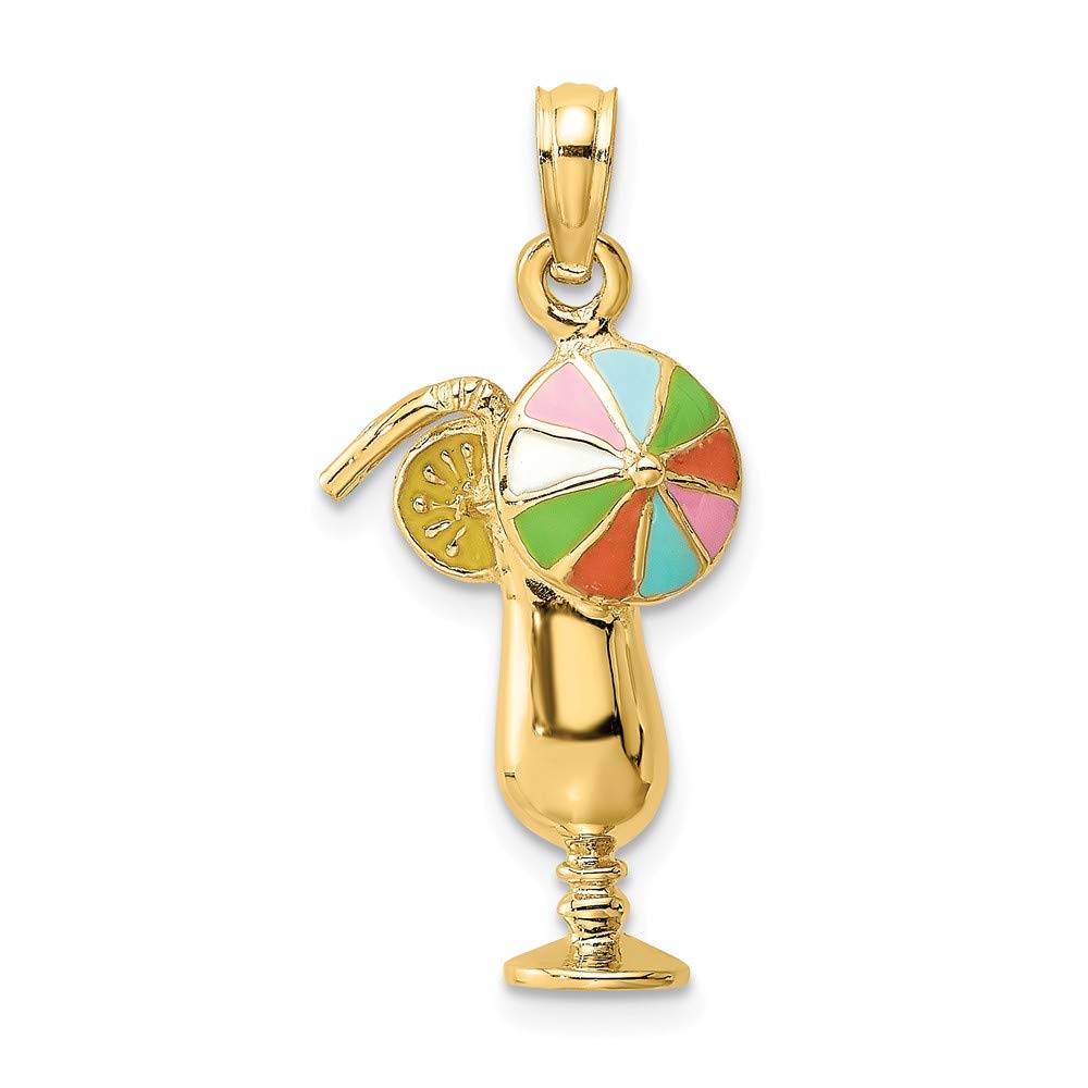 14K Yellow Gold Tropical Drink Pendant with Multi-Colored Enamel Umbrella Charm - Perfect for Summer Beach Parties, Vacation Jewelry & Tropical Themed Gifts