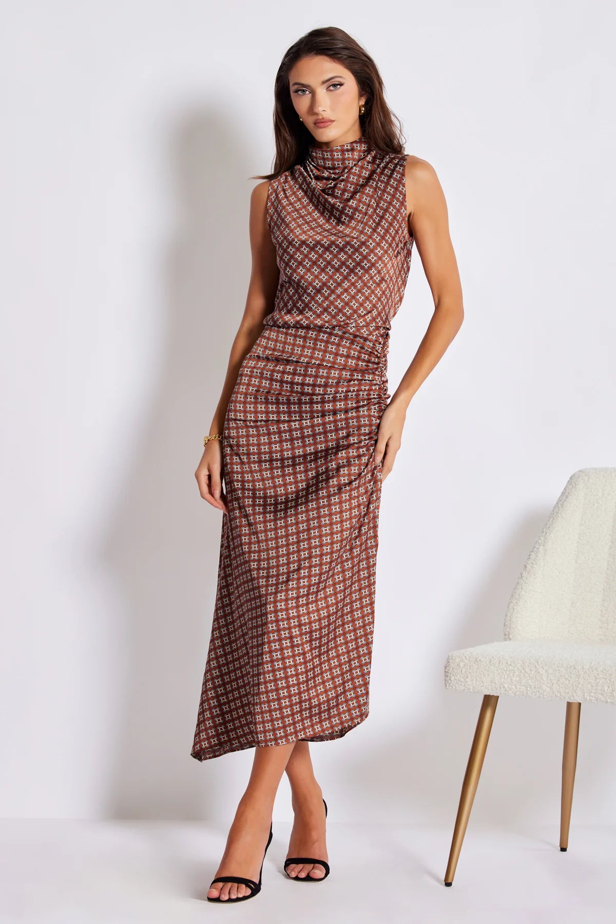 Stylish Asymmetrical Midi Skirt with Copper Heritage Print - Perfect for Casual Outings, Office Wear & Special Occasions