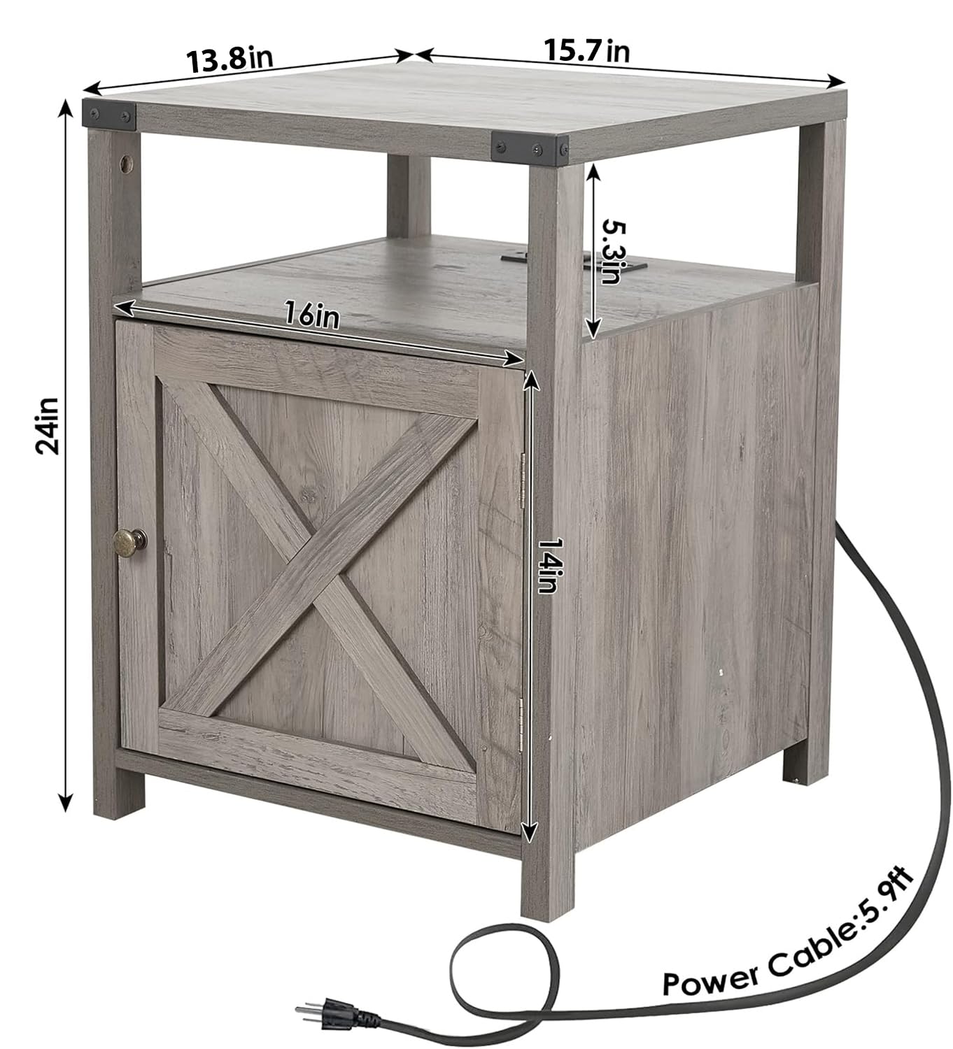 Rustic Farmhouse Nightstand with Charging Station & USB Ports - Industrial Grey Bedside Table with Storage for Bedroom, Living Room | Perfect as End Table, Night Stand with Convenient Outlets for Phones & Lamps