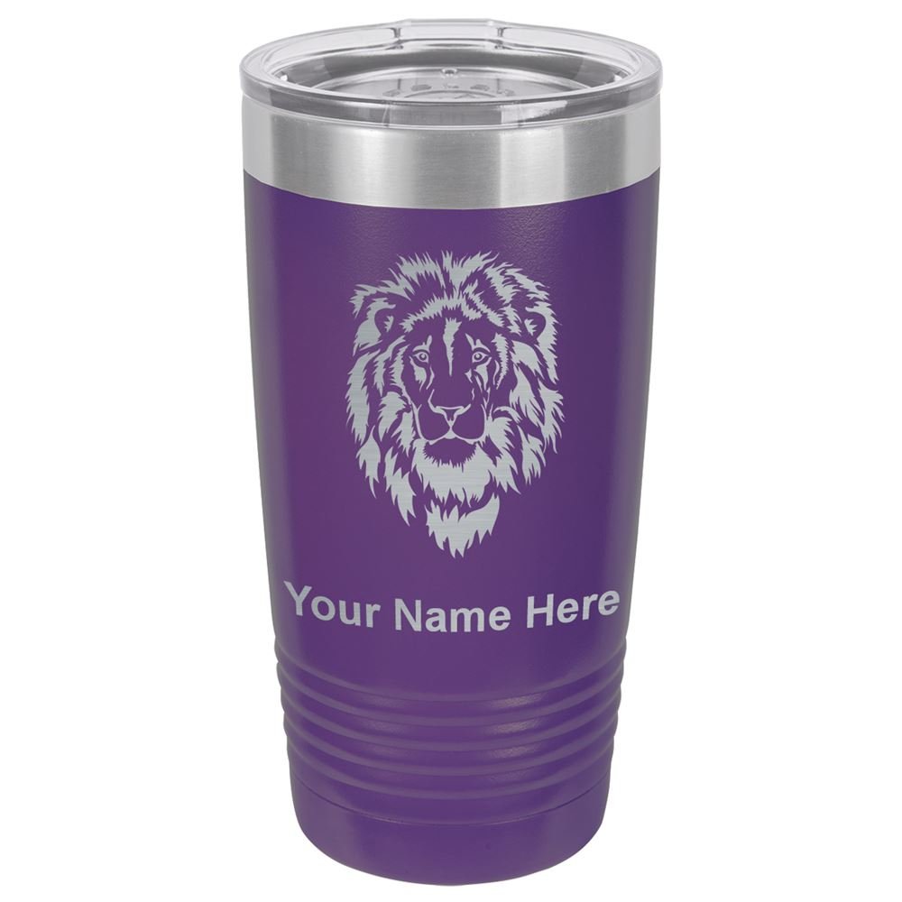 LaserGram 20oz Vacuum Insulated Stainless Steel Tumbler Mug with Lion Head Design - Personalized Engraving Included (Dark Purple) - Perfect for Coffee, Tea & Cold Drinks at Home, Office or Travel