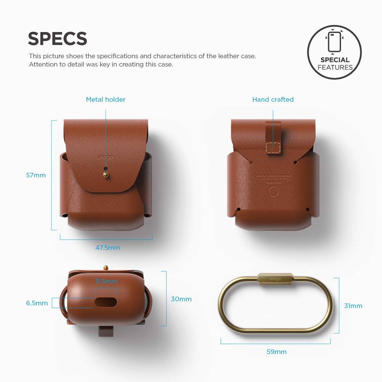 Premium Genuine Leather Case for AirPods 1 & 2 - Natural Cowhide Cover with Brass Ring Holder | Wireless Charging Compatible | Perfect for Travel, Work & Everyday Use [Brown]