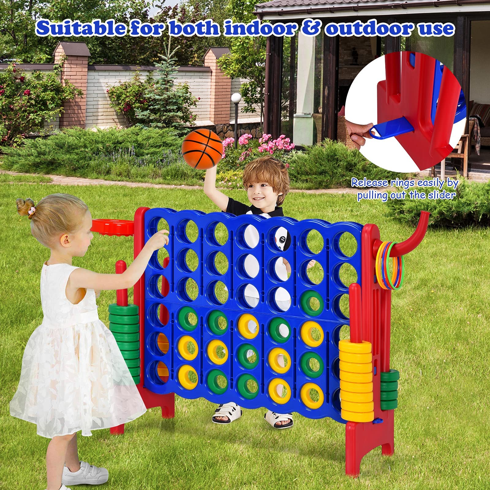 Costzon Giant 4-in-A-Row Game Set with Carrying Bag - Jumbo 4-to-Score Connect Game for Kids & Adults - Includes Basketball Hoop, 42 Large Rings & Quick-Release Slider - Fun Indoor & Outdoor Backyard Party Games for Family Gatherings, BBQs, and Picnics