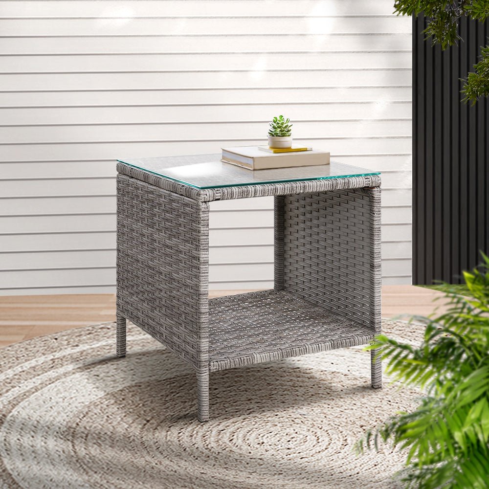 Rattan Coffee Side Table - Wicker Desk for Outdoor & Garden Furniture - Grey Patio Accent for Relaxing in Backyard or Balcony