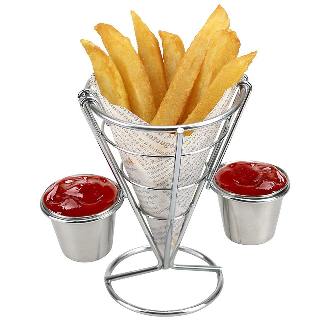 POTTOA Stainless Steel French Fries Holder & Display Rack with 2 Ketchup Cups - Perfect for Restaurants, Food Trucks, and Home Kitchen Organization