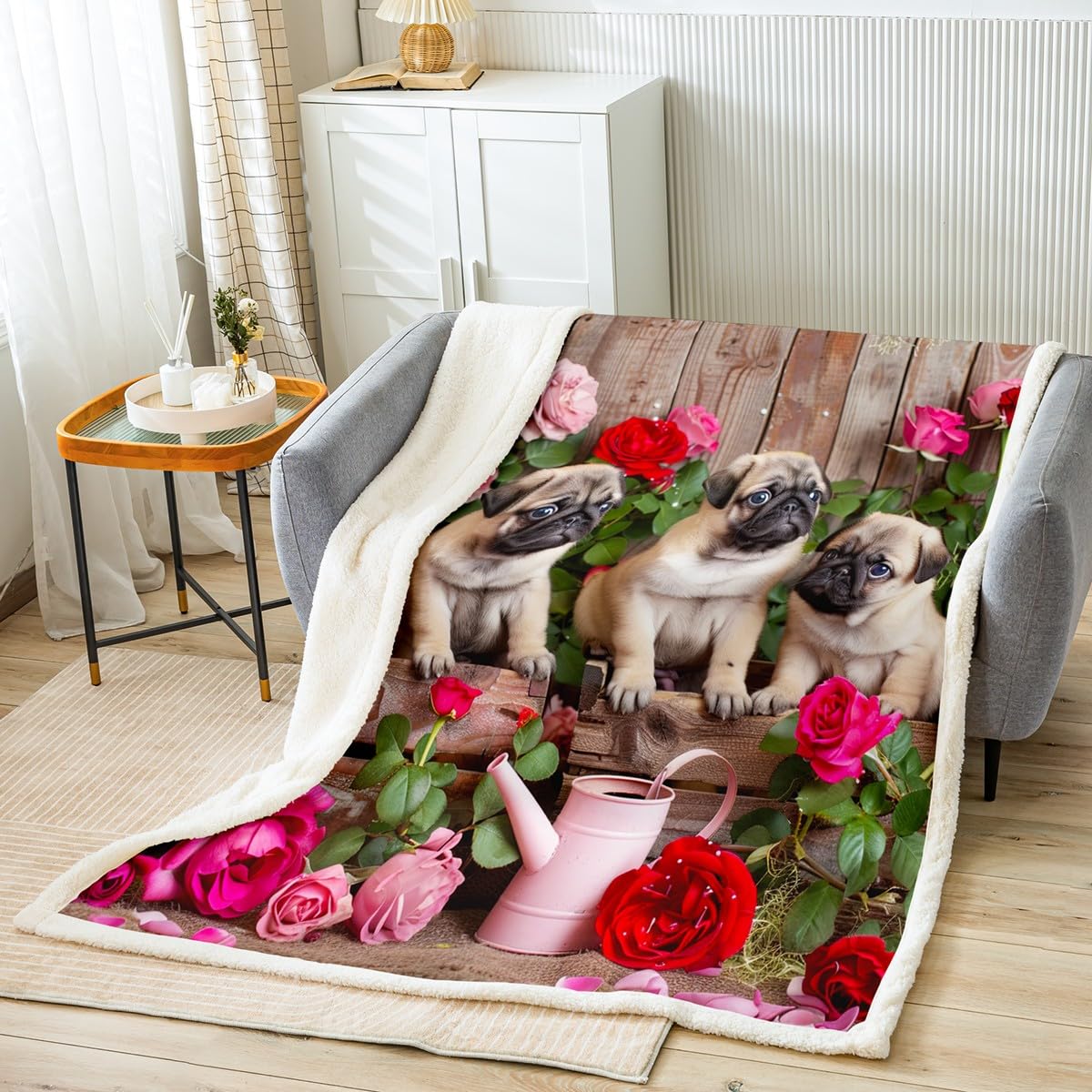 Soft Pug Dog Plush Throw Blanket - Red Pink Rose Floral Sherpa Blanket for Kids, Boys & Girls | Cute Cartoon Pet Animal Blanket for Sofa, Bed, Couch Decor | Cozy Fuzzy Blanket for Nursery, Dorm Room, Gift (40x50 Inches)