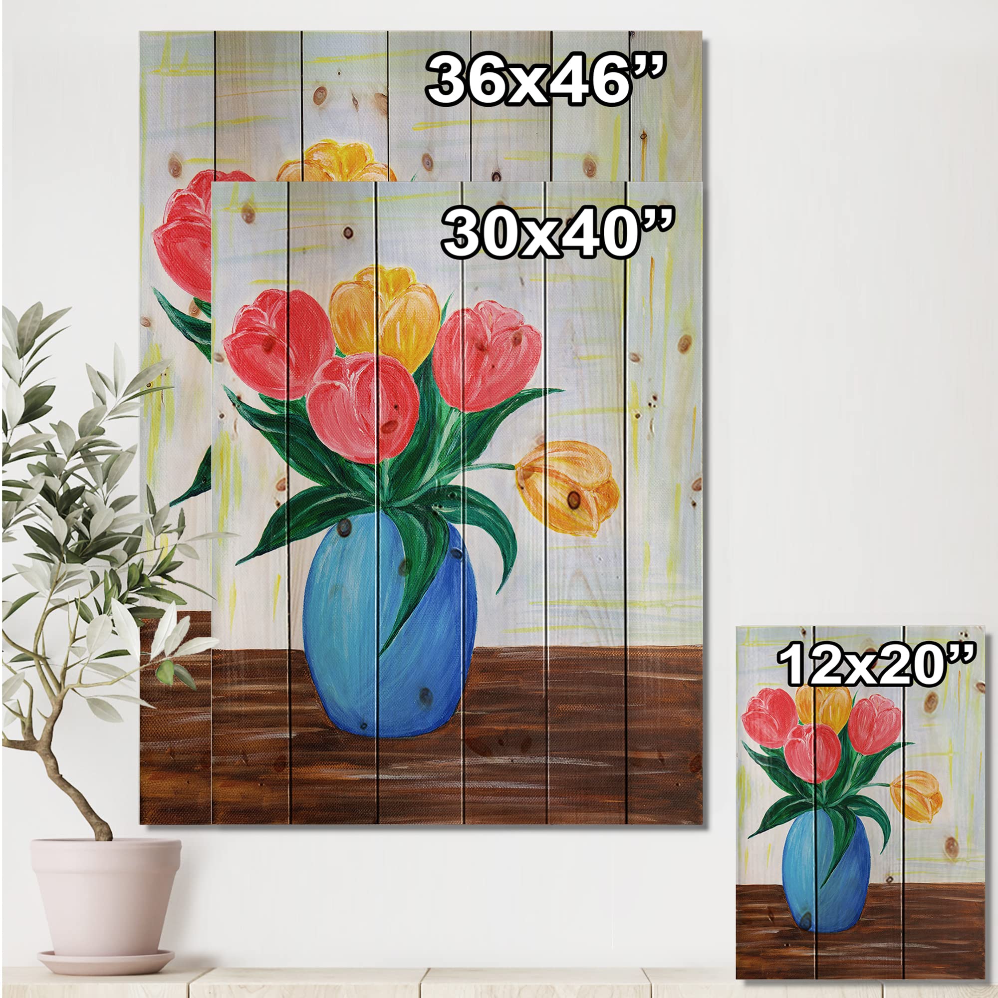 DesignQ Bouquet of Red and Orange Tulips in Vase - Traditional Wood Wall Decor, Large Floral Pine Wood Wall Art Panels - Perfect for Living Room, Bedroom & Office Decor