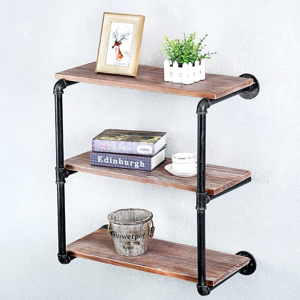 Industrial Pipe Floating Shelves - 3 Tier 24 Inch Wall Mounted Wood & Metal Shelving for Books, Decor & Storage | Perfect for Living Room, Bedroom & Home Office Organization