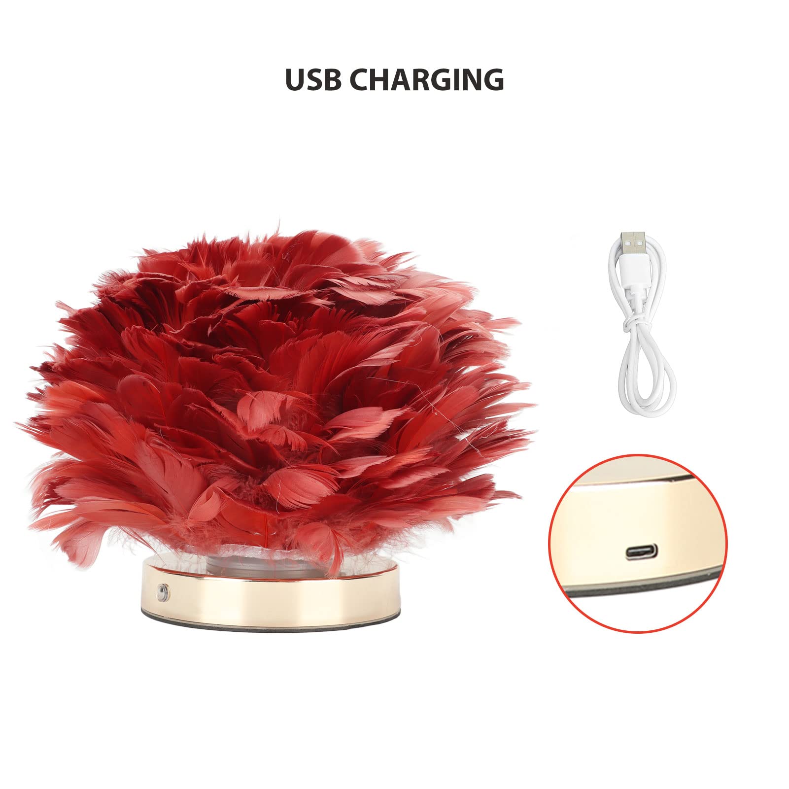BEIJIALY Feather Table Lamp - USB Charging, Touch Control, Stepless Dimming LED Night Light for Bedroom, Living Room, Cafe & Office (Burgundy) - Perfect for Reading, Relaxing & Creating Cozy Ambiance