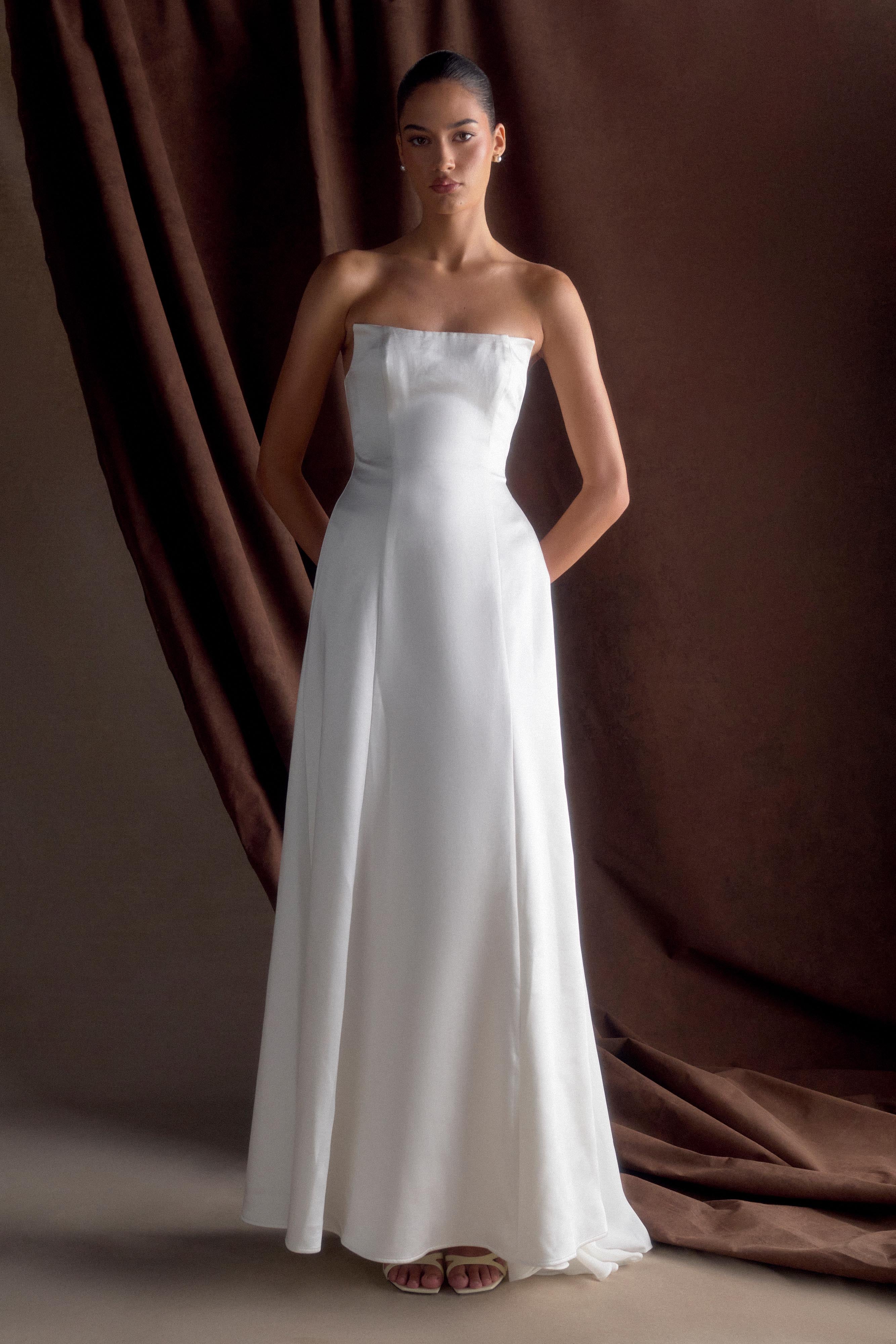 Rosella Satin Strapless Maxi Dress for Women - Elegant White Formal Gown for Weddings, Prom & Evening Events