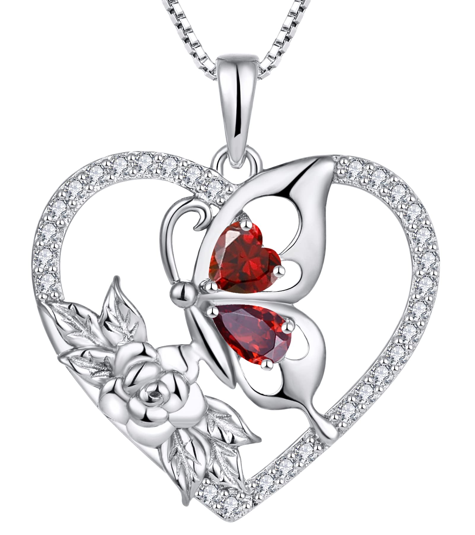 YL Women's Butterfly Necklace - 925 Sterling Silver Flower Rose Pendant with Birthstone Halo Jewelry for Valentine's Day, Anniversary & Birthday Gifts
