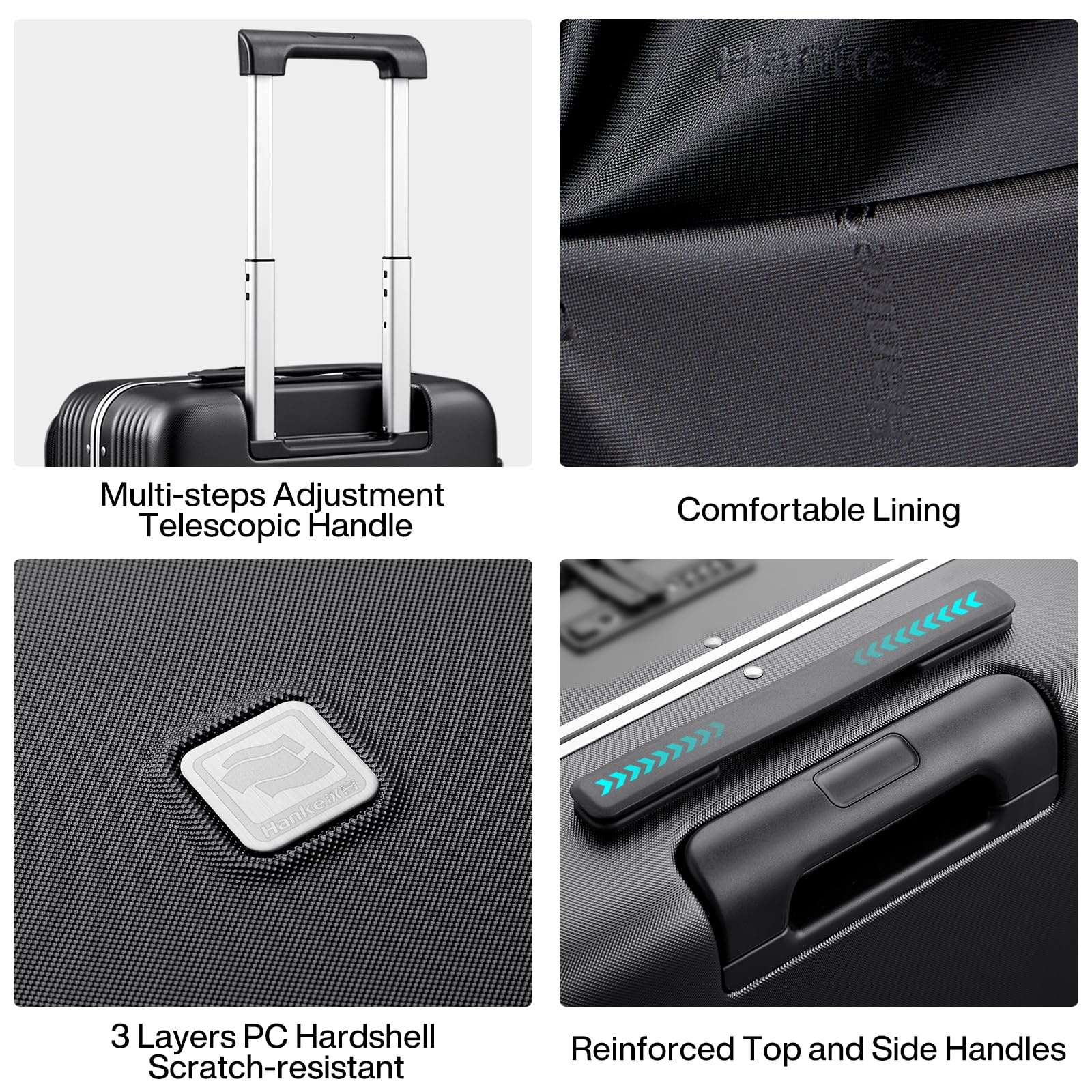 Hanke Grace 20 Inch Hard Shell Carry On Luggage with Wheels - Airline Approved Aluminum Frame Suitcase with Front Pocket for Business Travel & Short Trips (Jet Black) | Perfect for Business Professionals & Weekend Getaways