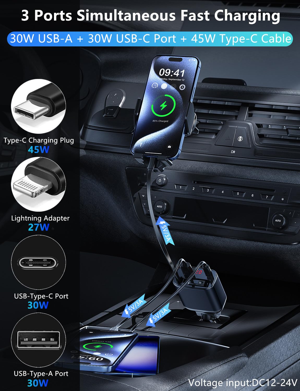 105W Retractable Car Charger with USB-C PD3.0 & QC4.0 Fast Charging - Dual Port Car Phone Charger Adapter for iPhone 16/15/14/13/12/11, Samsung Galaxy, Google Pixel - Perfect for Road Trips & Daily Commutes