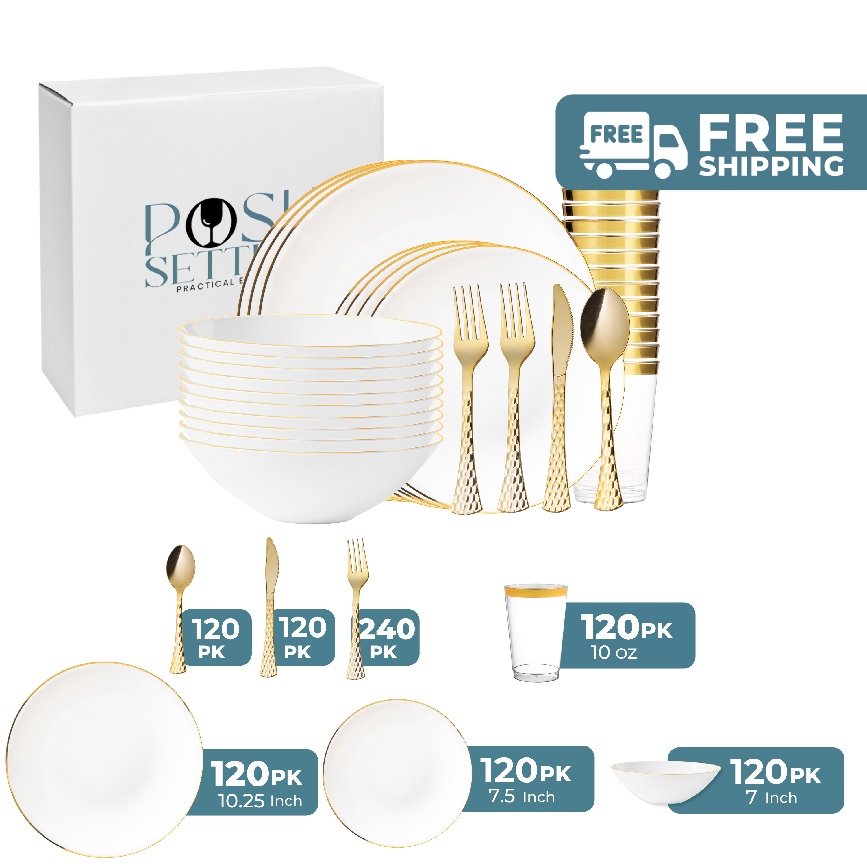 Premium Gold & White Plastic Party Supplies Bundle - Elegant Disposable Tableware for Weddings, Birthdays & Celebrations - Eco-Friendly & Stylish Party Decor