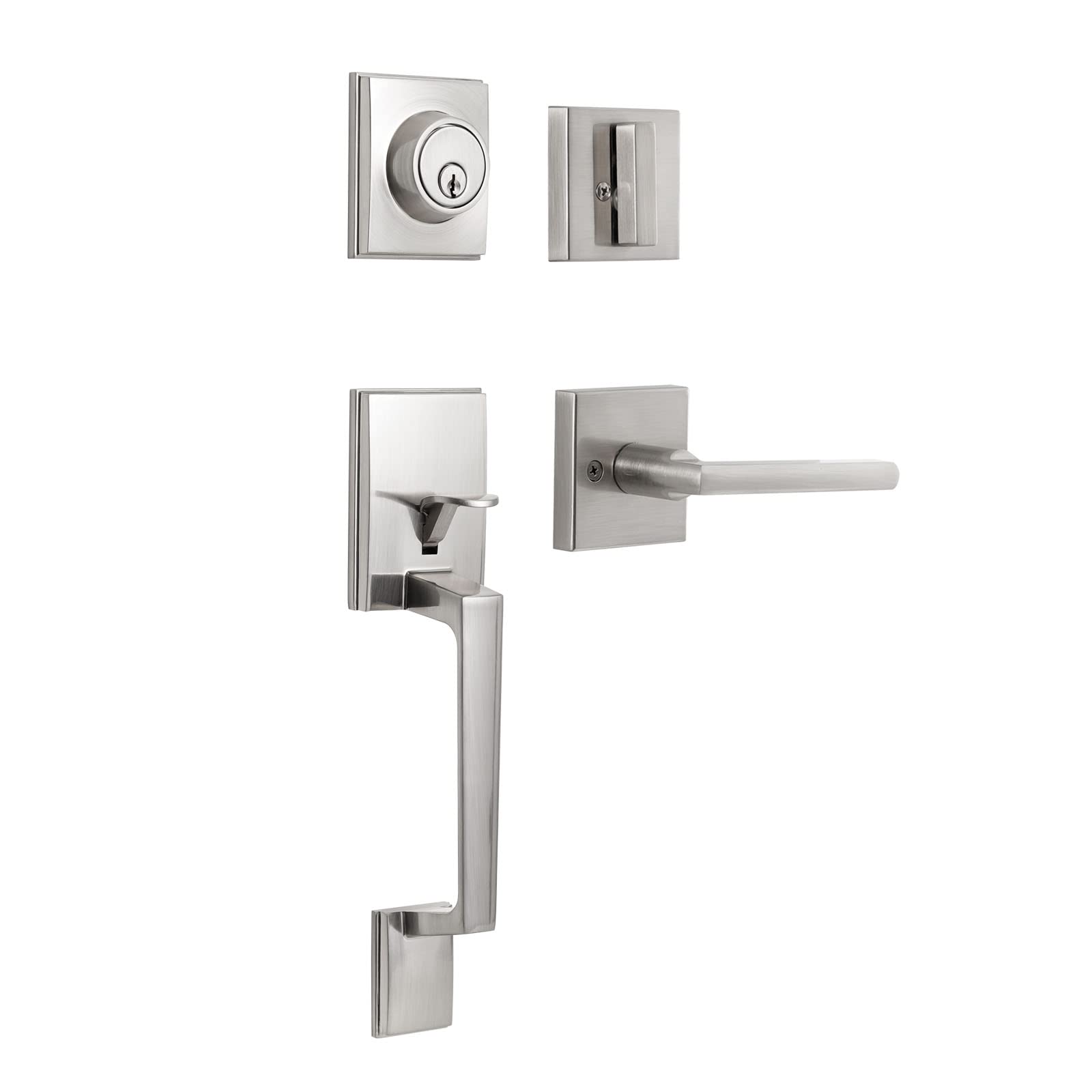 NeuType Satin Nickel Front Door Lock Set - Exterior Door Handle with Deadbolt, Reversible for Right & Left Handed Doors - Secure Entry for Homes, Apartments & Offices