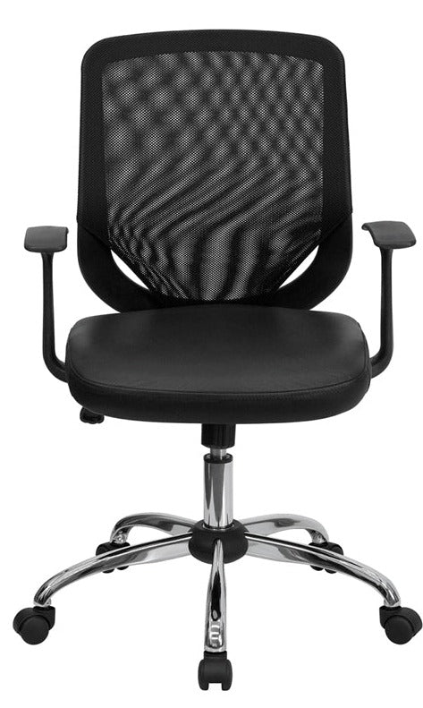 Ergonomic Mid Back Black Mesh Office Chair with Swivel Tilt & T-Arms - Breathable Mesh Back, Leather Seat & Chrome Base for Home Office, Gaming & Workspace Comfort