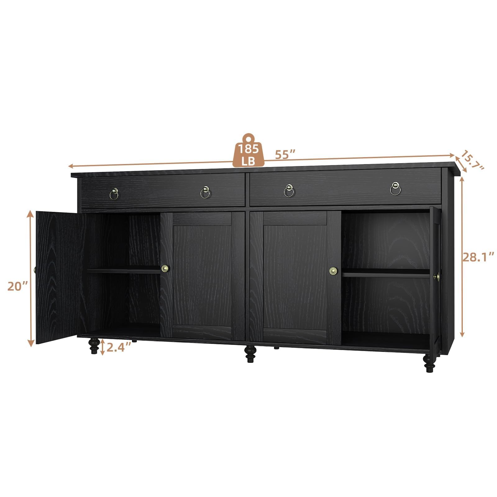 4 EVER WINNER 55'' Black Buffet Cabinet with Storage - Coffee Bar Sideboard with Drawers, Doors & Adjustable Shelves for Living Room | Perfect for Dining Room Storage, Home Bar Setup & Entertainment Center