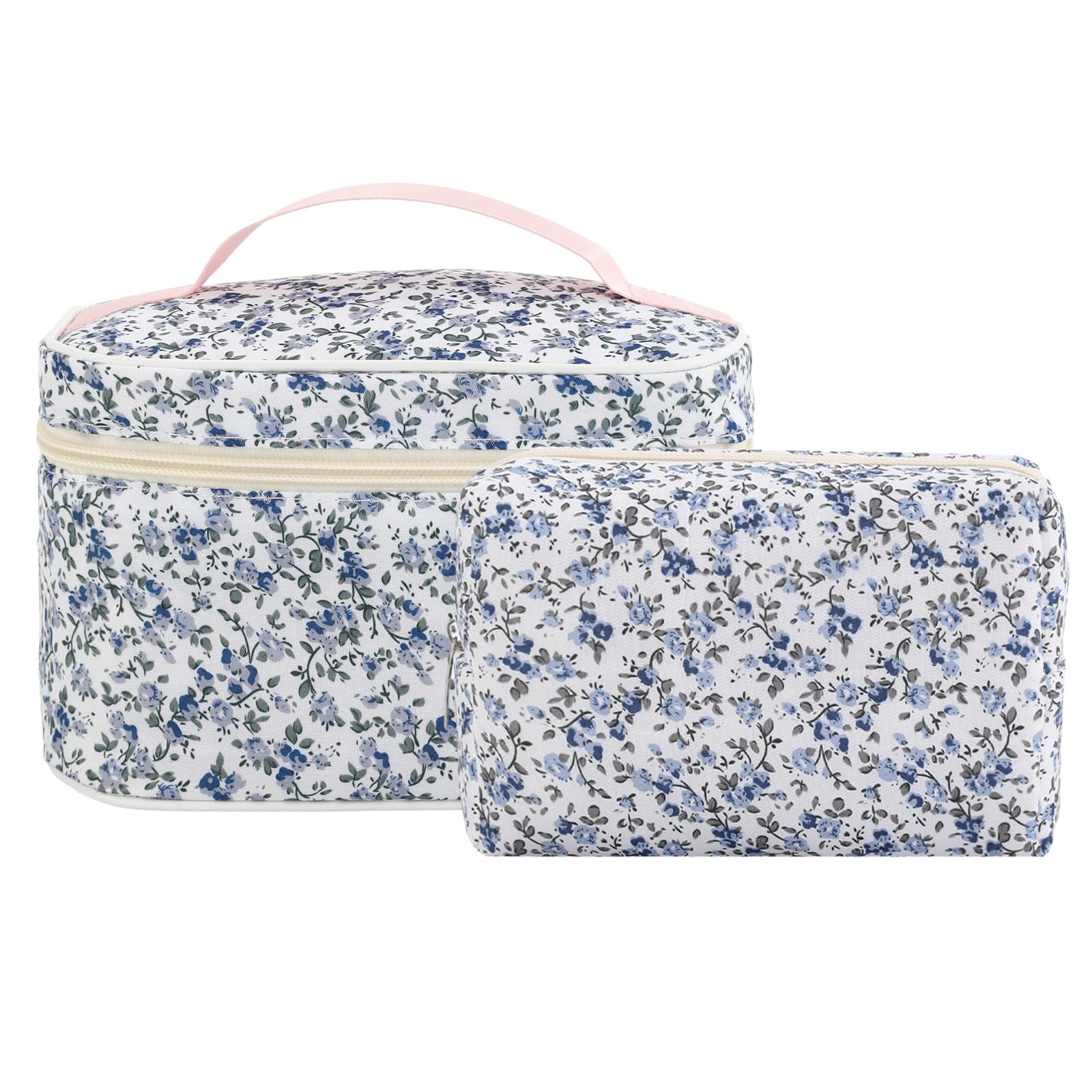 LYDZTION 2PCS Floral Makeup Bags for Women - Cute Cotton Cosmetic Organizer Pouch, Travel Makeup Case, Aesthetic Storage Bag (Blue) - Perfect for Travel, Daily Use & Gift Giving