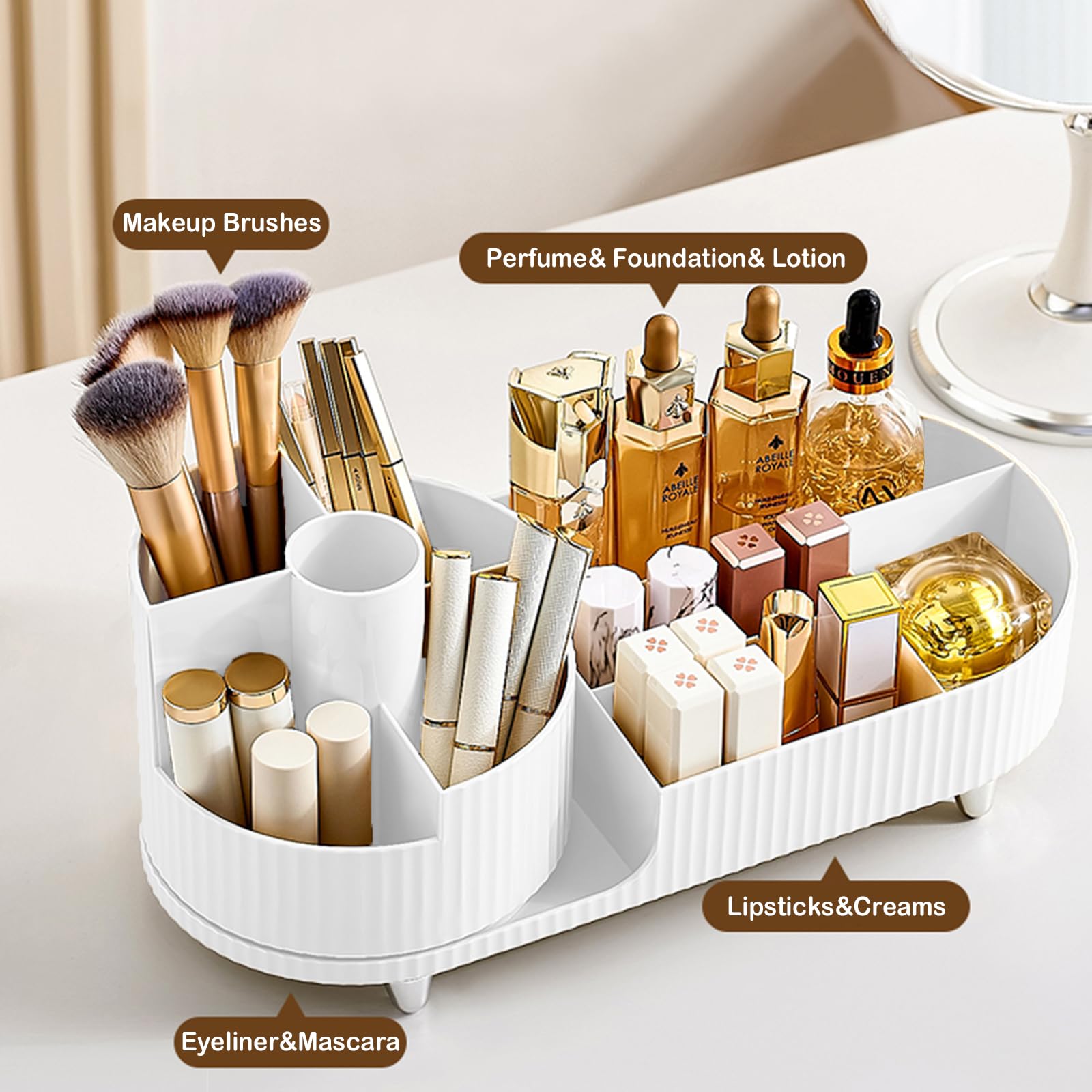 Rotating Makeup Organizer with Brush Holder - Large Spinning Cosmetic & Skincare Storage for Vanity Countertop - Perfect for Perfume, Lotions, and Beauty Products Display (White) - Ideal for Bedroom, Bathroom, and Dressing Room Organization