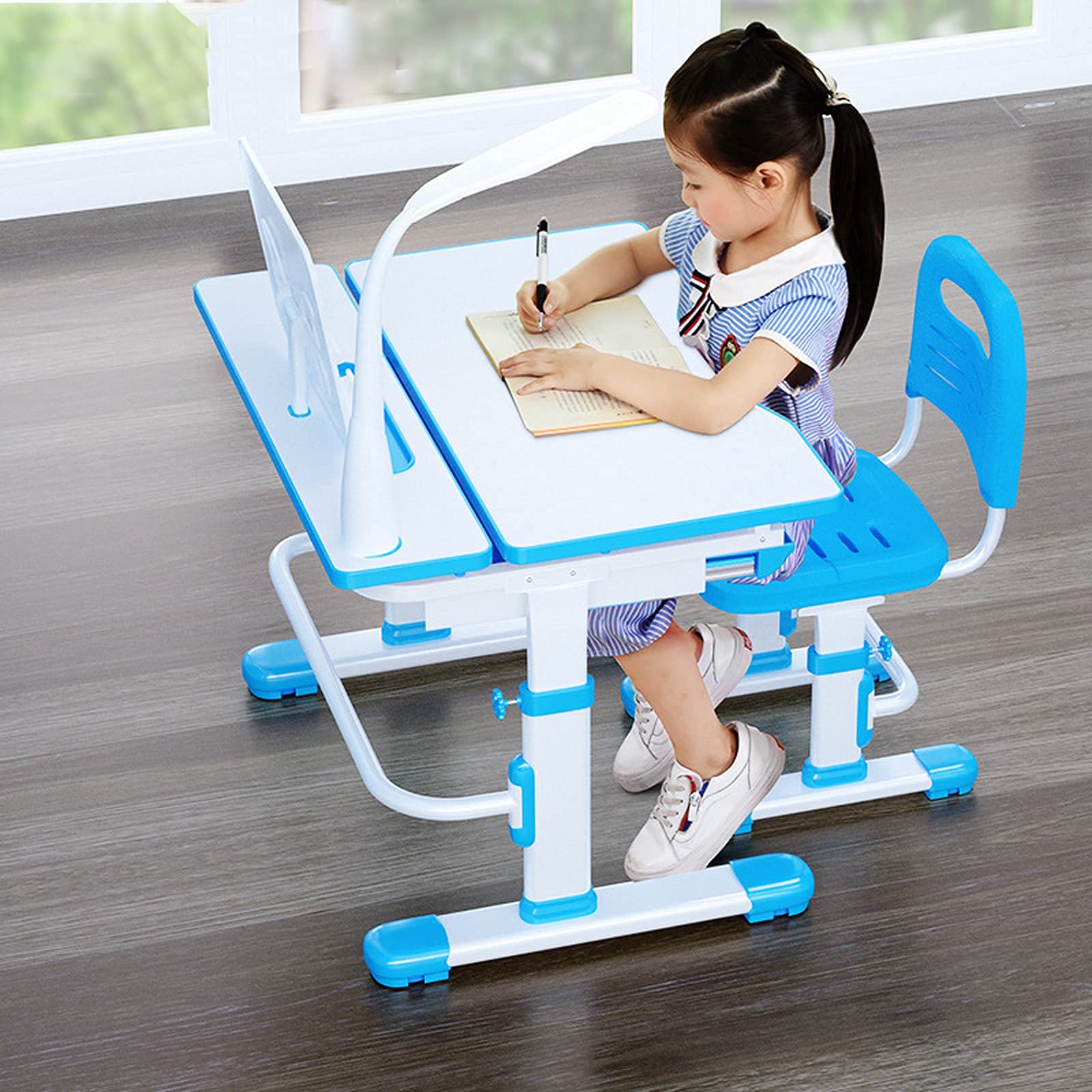Ergonomic Adjustable Kids Study Desk and Chair Set with LED Lamp & Book Stand - Blue Children's Learning Table for Homework & Reading - Perfect for Bedroom, Homeschool & Online Classes