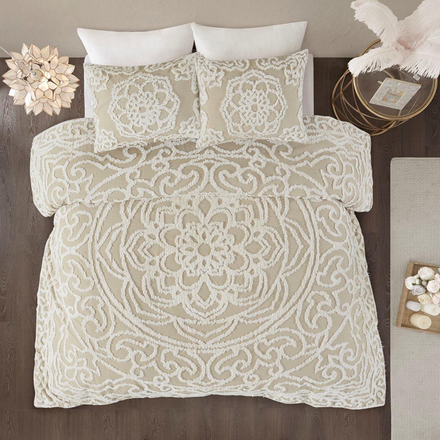 Madison Park Laetitia Bohemian Tufted Cotton Chenille Comforter Set - Shabby Chic Medallion Design, All-Season Down Alternative Bedding with Matching Shams, Floral Taupe King/Cal King (104