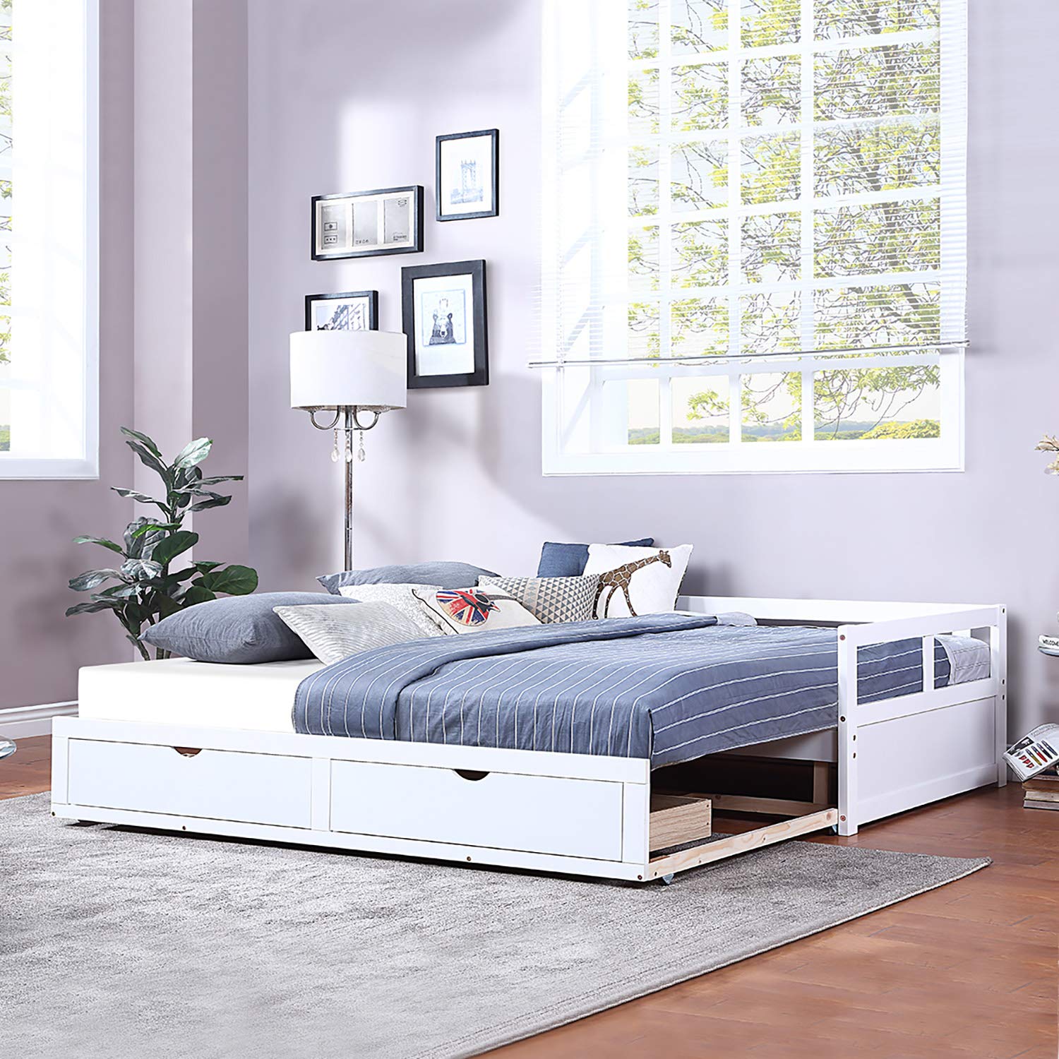 Extendable Wooden Daybed Frame - Converts from Twin to King Size with Trundle Bed & 2 Storage Drawers | Multi-Functional Sofa Bed for Bedroom, Living Room & Guest Room (White) - Perfect for Small Spaces, Sleepovers & Extra Storage