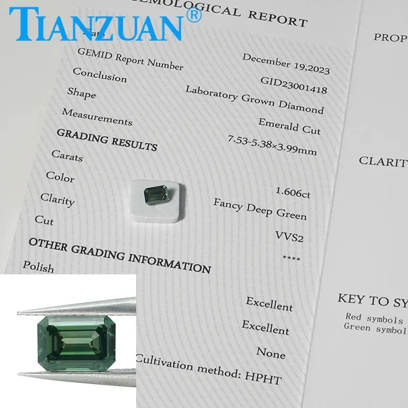 1.6CT Lab Grown Emerald Cut Diamond - Fancy Deep Green VVS2 Clarity 2EX Cut GEMID Certified Loose Gemstone for Jewelry Making & Engagement Rings