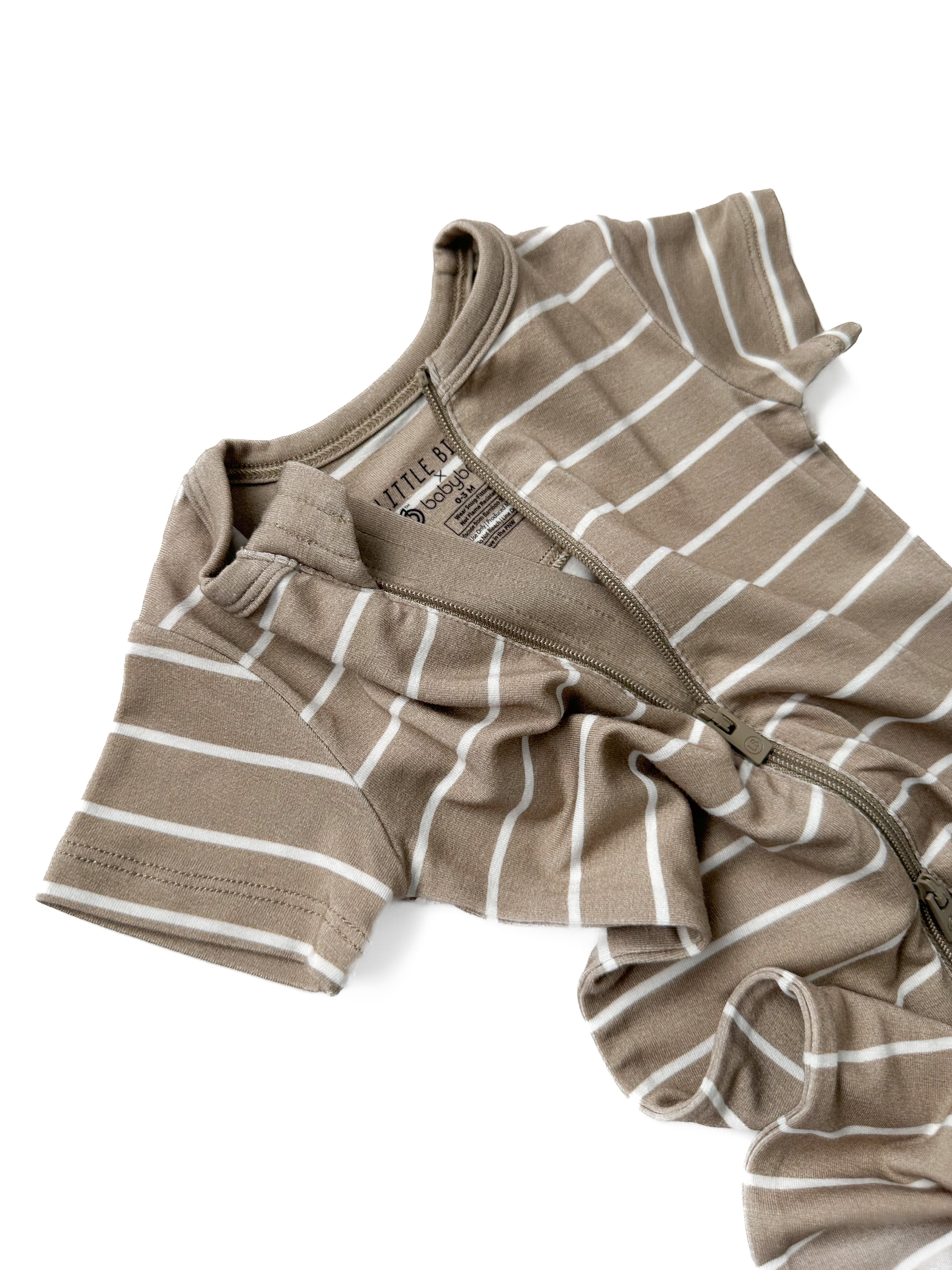 LB x Baby Breez Short Sleeve Pinstripe Romper Pajamas - Soft Cotton Sleepwear for Babies & Toddlers (Khaki Green/White) - Perfect for Nursery, Bedtime & Playtime