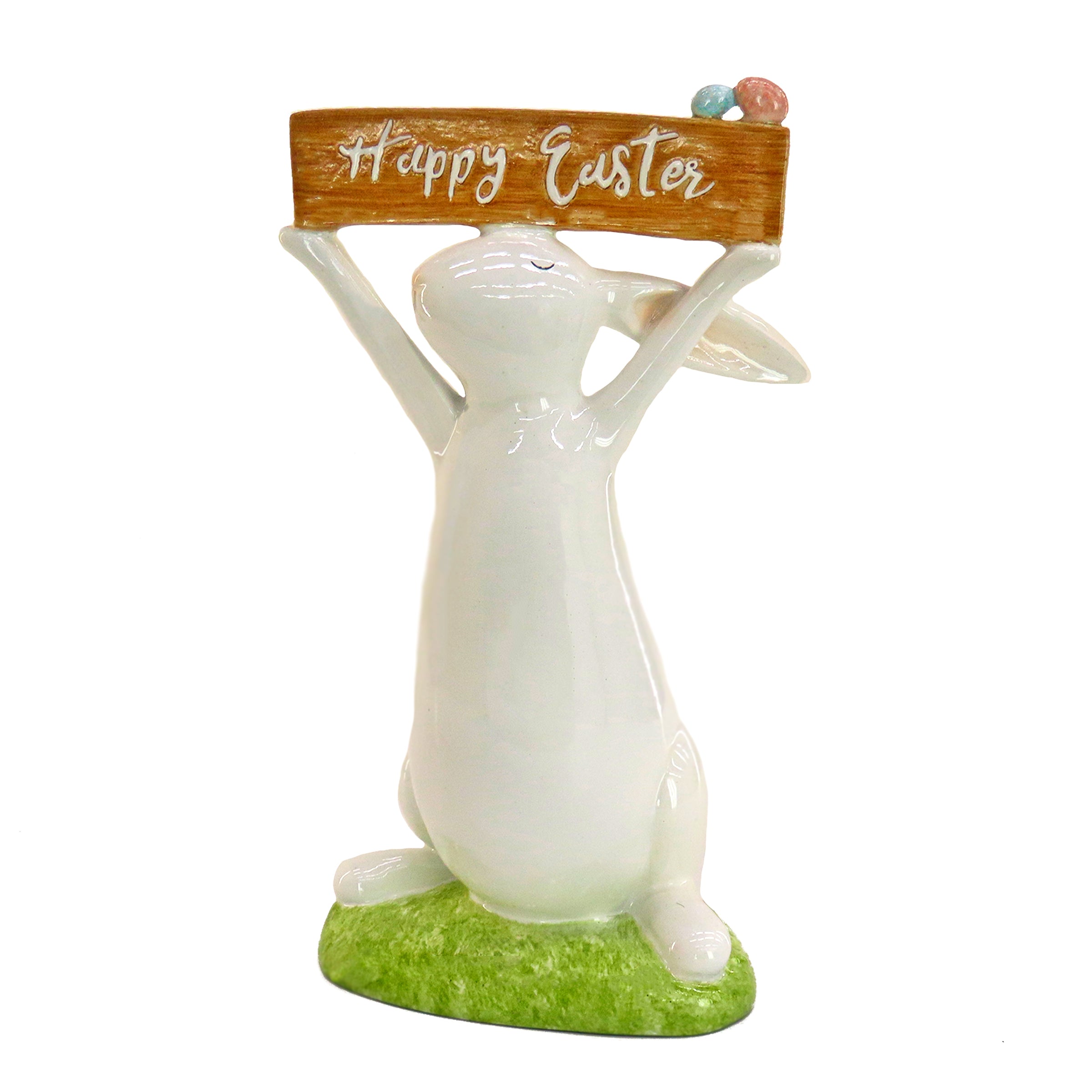 11 Inch Easter Bunny Figurine Holding Happy Easter Sign - Spring Table Centerpiece Decor for Home, Party & Holiday Celebrations