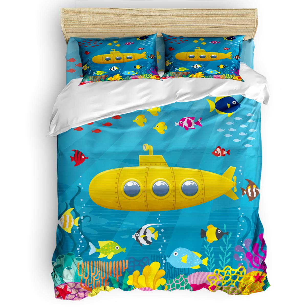 Trendy Kids Bedding Set - Soft Yellow Cartoon Submarine Duvet Cover & Sheet Set for Boys & Girls, 4-Piece Full Size (1 Flat Sheet, 1 Duvet Cover, 2 Pillowcases) - Breathable Lightweight Cotton - Perfect for Kids' Rooms, Sleepovers & Nursery Decor