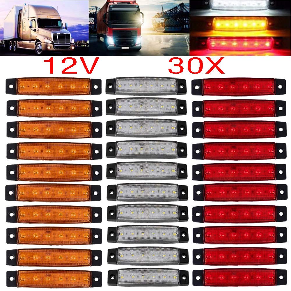 White Red Amber LED Side Marker Lights - 6 LED 2835 SMD Clearance Lamps for Trucks, Trailers, RVs, Campers, Pickups, Tractors, SUVs & Boats - 12V DC Shockproof (Pack of 30) - Perfect for Night Driving Safety & Vehicle Visibility