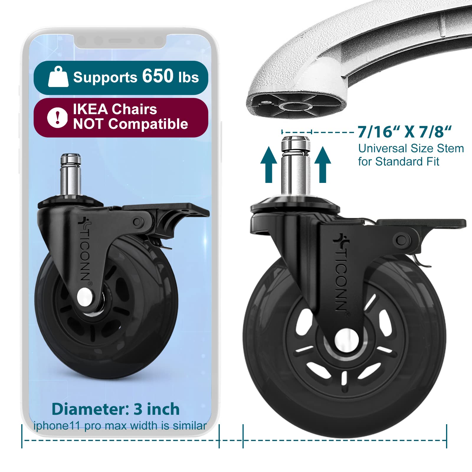 TICONN 5-Pack Office Chair Caster Wheels - Universal Fit for Most Chairs, Smooth Rolling on Tile, Hardwood Floors & Carpets (Black with Brake) - Perfect for Home Office, Gaming & Conference Rooms