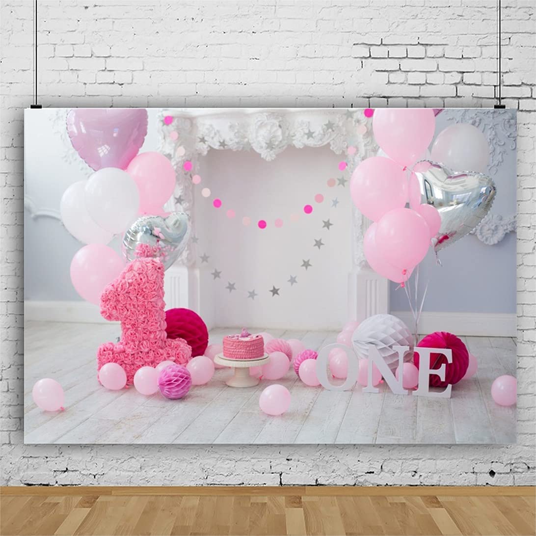 Leowefowa 7x5ft Pink Balloons & Paper Flowers Backdrop for Baby Girl's 1st Birthday Party - Photography Background, Cake Smash Photo Studio Props - Perfect for First Year Celebrations, Birthday Decorations & Photo Shoots