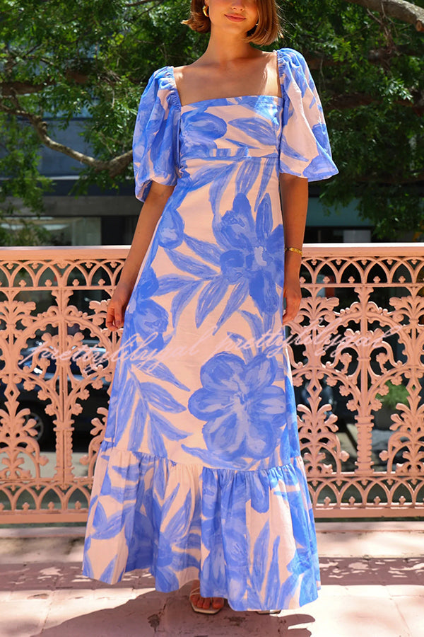 Elegant Watercolor Floral Print Square Neck Puff Sleeve Maxi Dress - Perfect for Summer Weddings, Beach Vacations & Boho Fashion