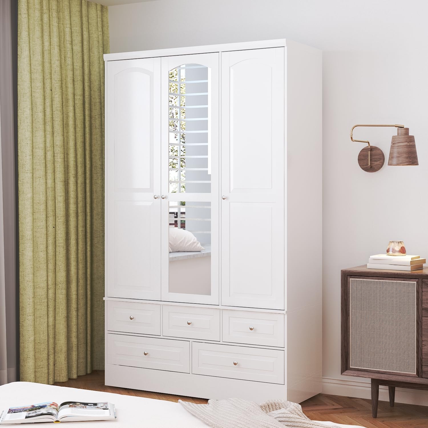 Hitow 3-Door Armoire Wardrobe Closet with Mirror, Hanging Rod, Drawers & Shelves - Freestanding Clothes Organizer Cabinet for Bedroom (White) | Perfect for Master Bedroom, Guest Room & Apartment Storage Solutions