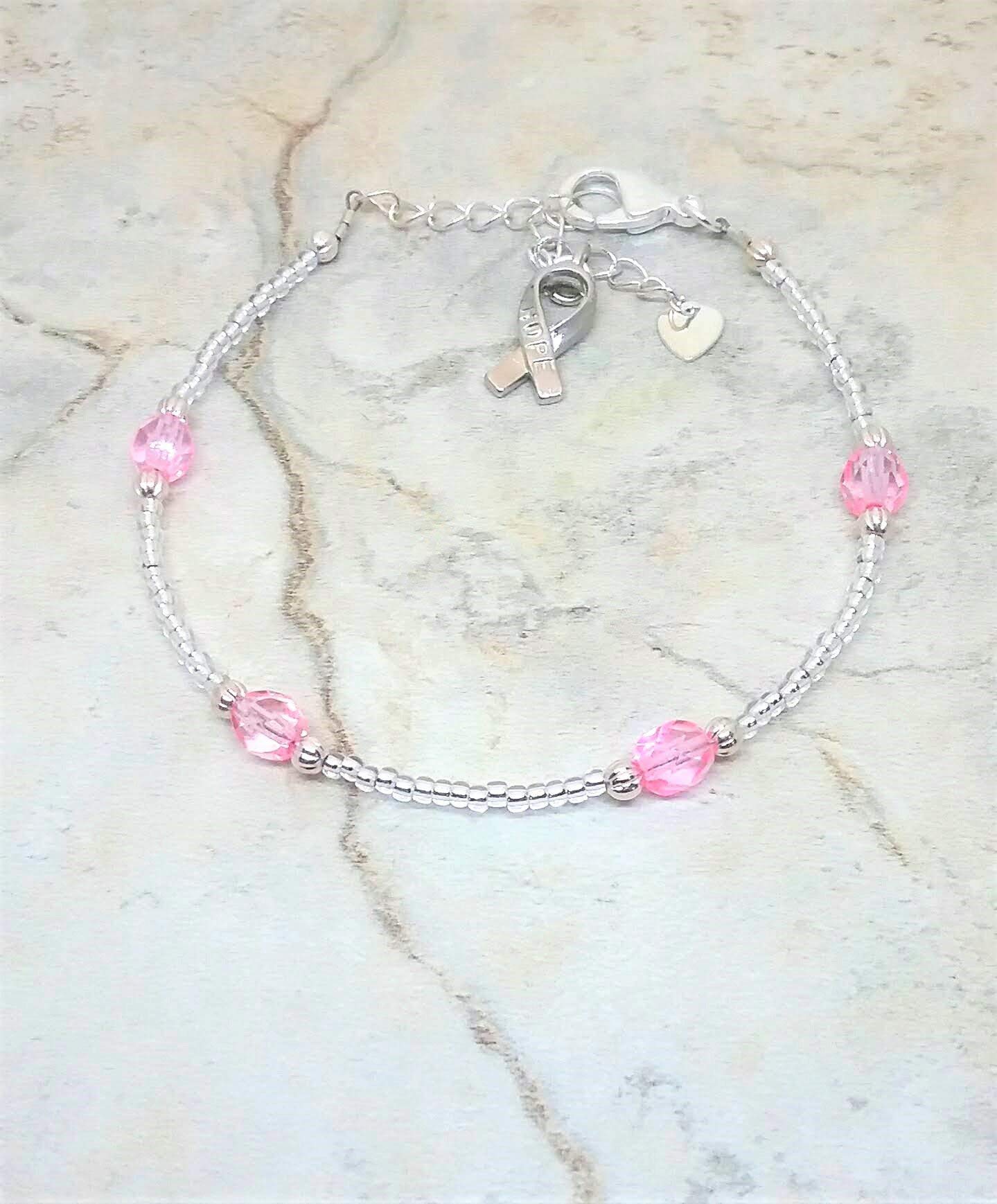 Breast Cancer Awareness Ankle Bracelet - Silver Tone Pink Ribbon Anklet with Heart Charm for Women | Hope & Support Jewelry Gift for Survivors, Fundraisers and Awareness Events