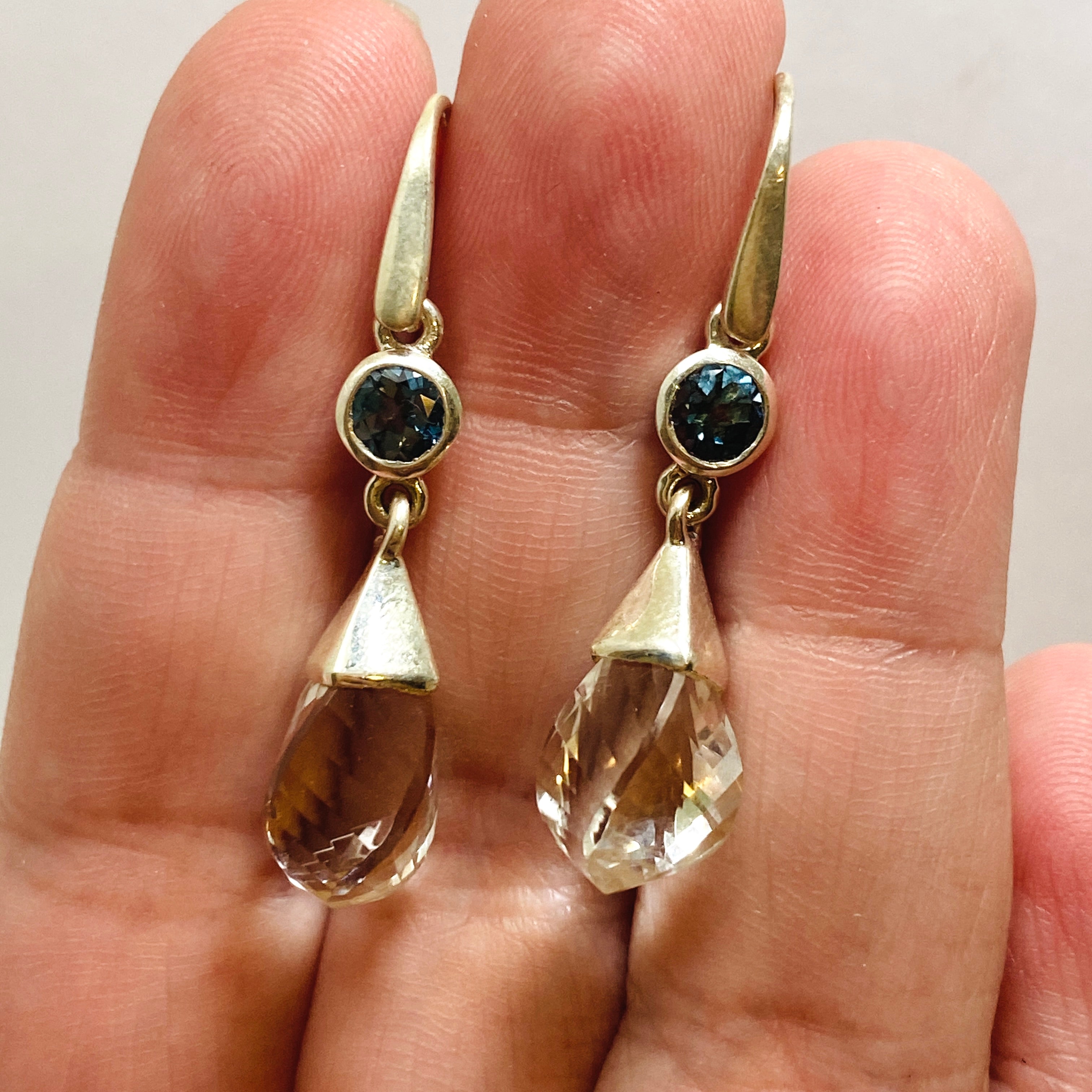 Stunning Clear Quartz Briolette Faceted Earrings with Blue Topaz Accent Stones - Elegant Dangle Earrings for Women - Perfect for Weddings, Parties & Special Occasions