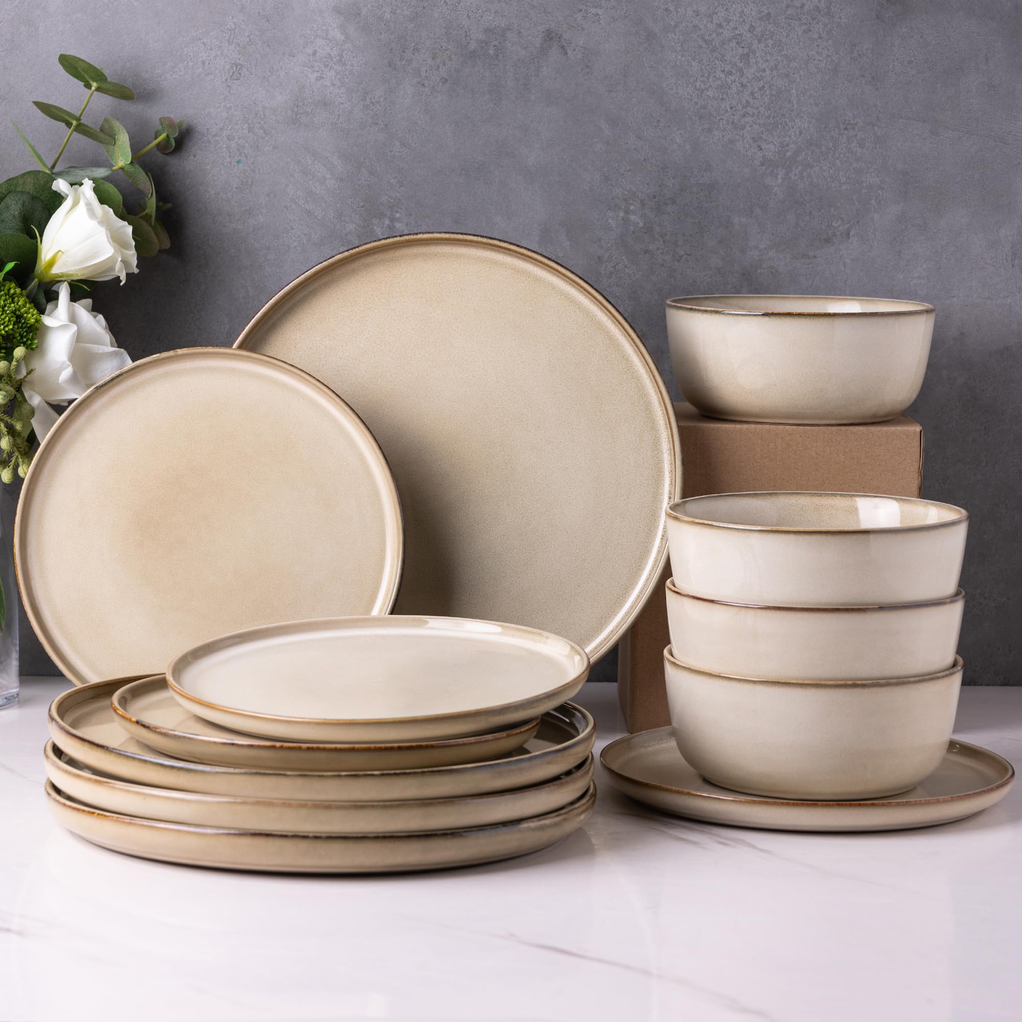 AmorArc 18-Piece Stoneware Dinnerware Set - Round Reactive Glaze Ceramic Plates & Bowls - Chip & Crack Resistant - Dishwasher & Microwave Safe - Service for 6 | Perfect for Family Dinners, Entertaining Guests & Everyday Use