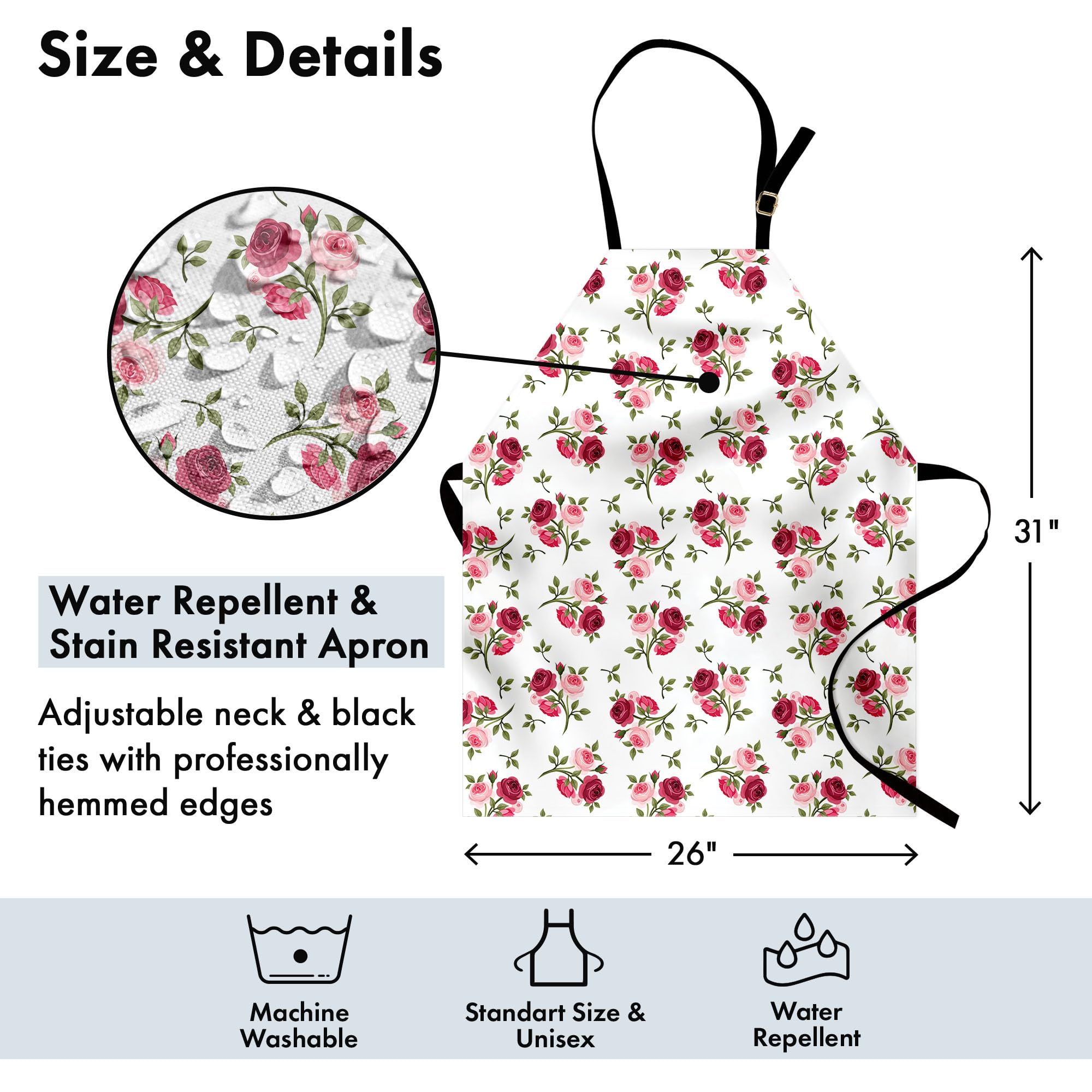 Lunarable Unisex Adjustable Kitchen Apron - Classic English Rose Garden Design in Pale Pink & Fern Green for Cooking, Baking, Gardening | Perfect for Home Chefs, Bakers & Outdoor Enthusiasts