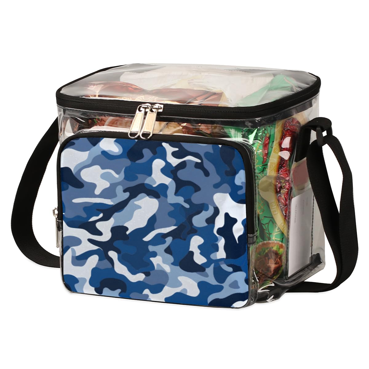 GzLeyigou Camouflage Pattern Clear Tote Bag - Blue & White Camo Textured Transparent Shoulder Bag with Handles for Lunch, Outdoor, Travel, Picnic, Concerts & Sports Events | Stadium Approved Crossbody Purse | Perfect for Beach Days, Music Festivals and Grocery Shopping